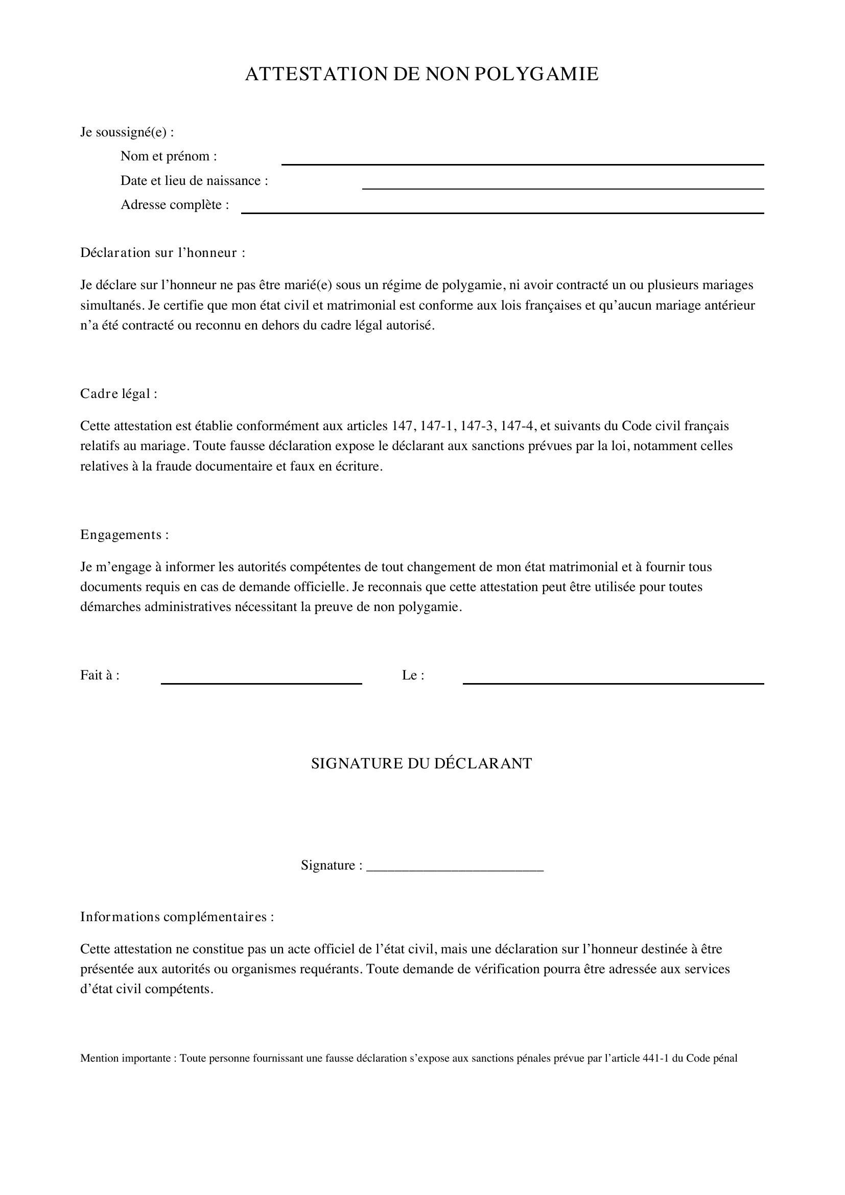 Attestation De Non Polygamie