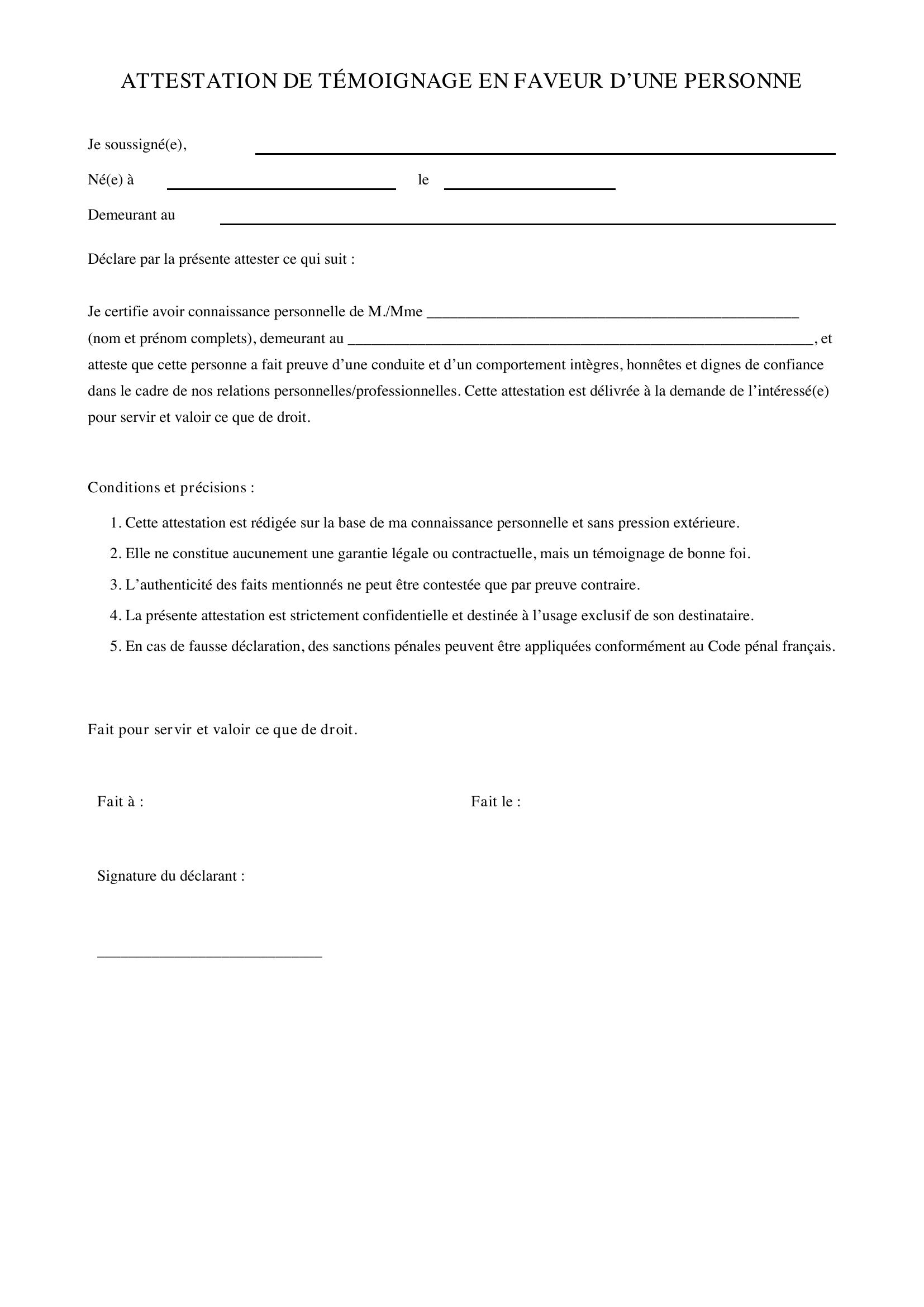 Attestation De Temoignage En Faveur D'Une Personne