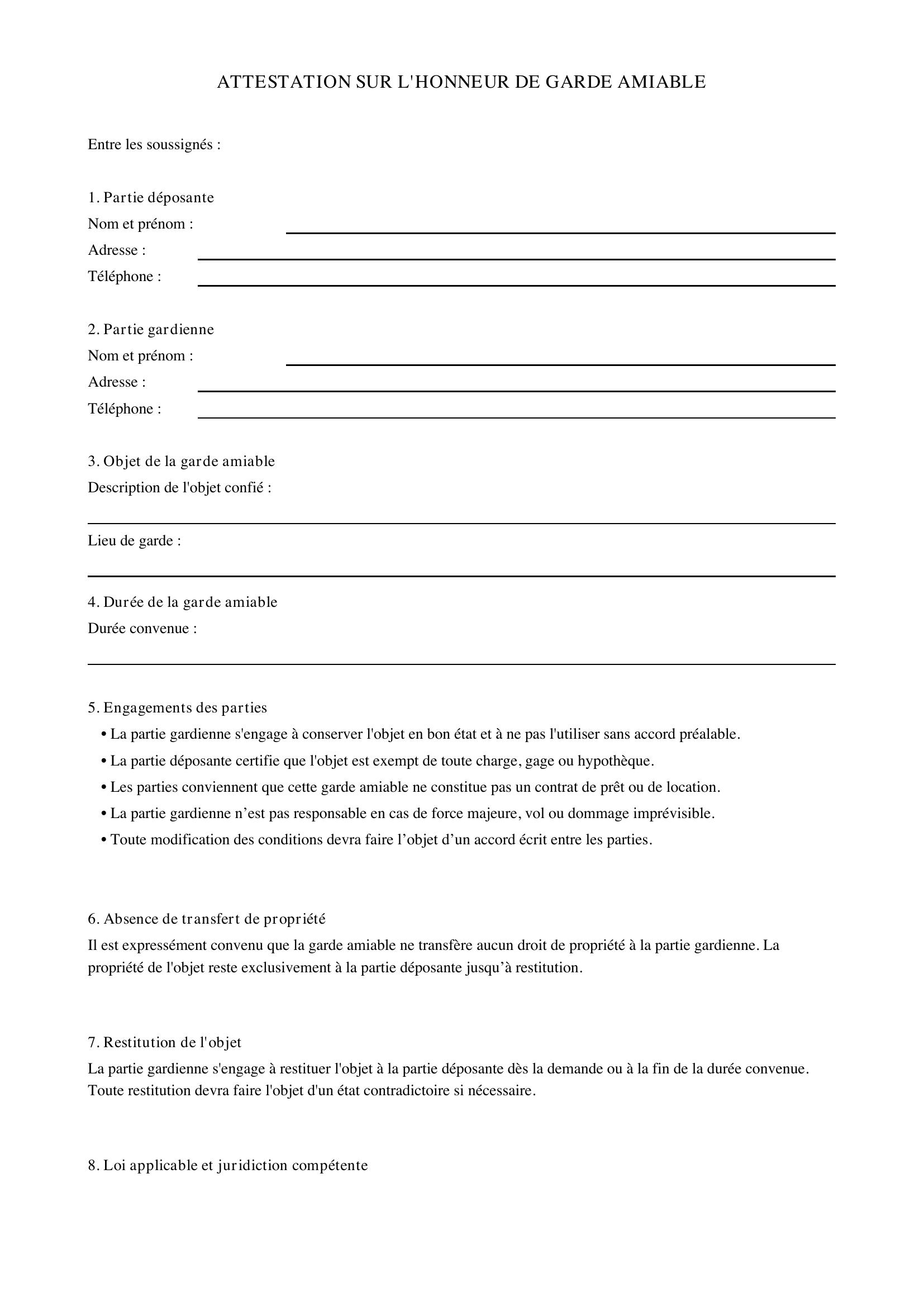 Attestation Sur L'Honneur Garde Amiable