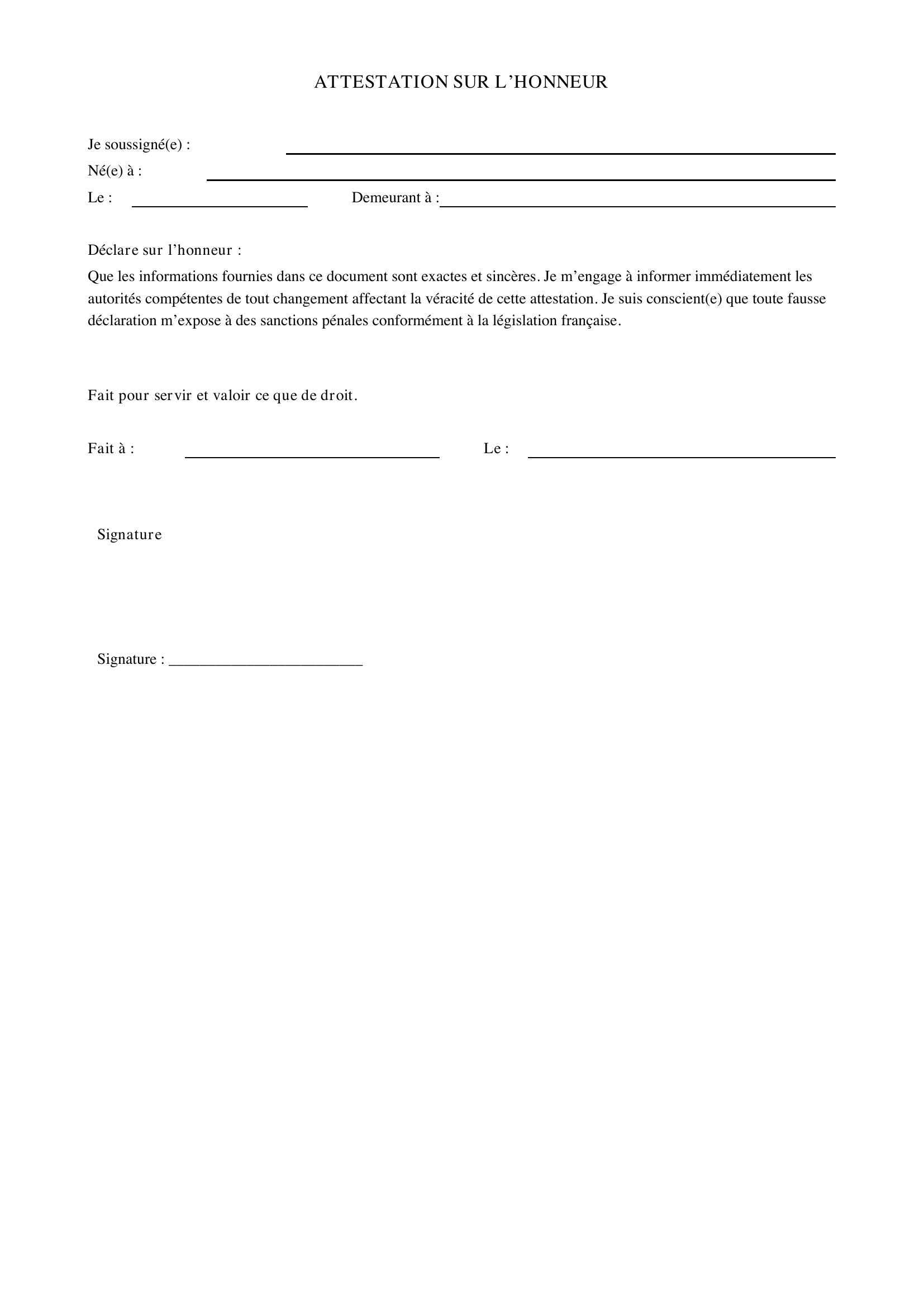 Attestation Sur L'Honneur