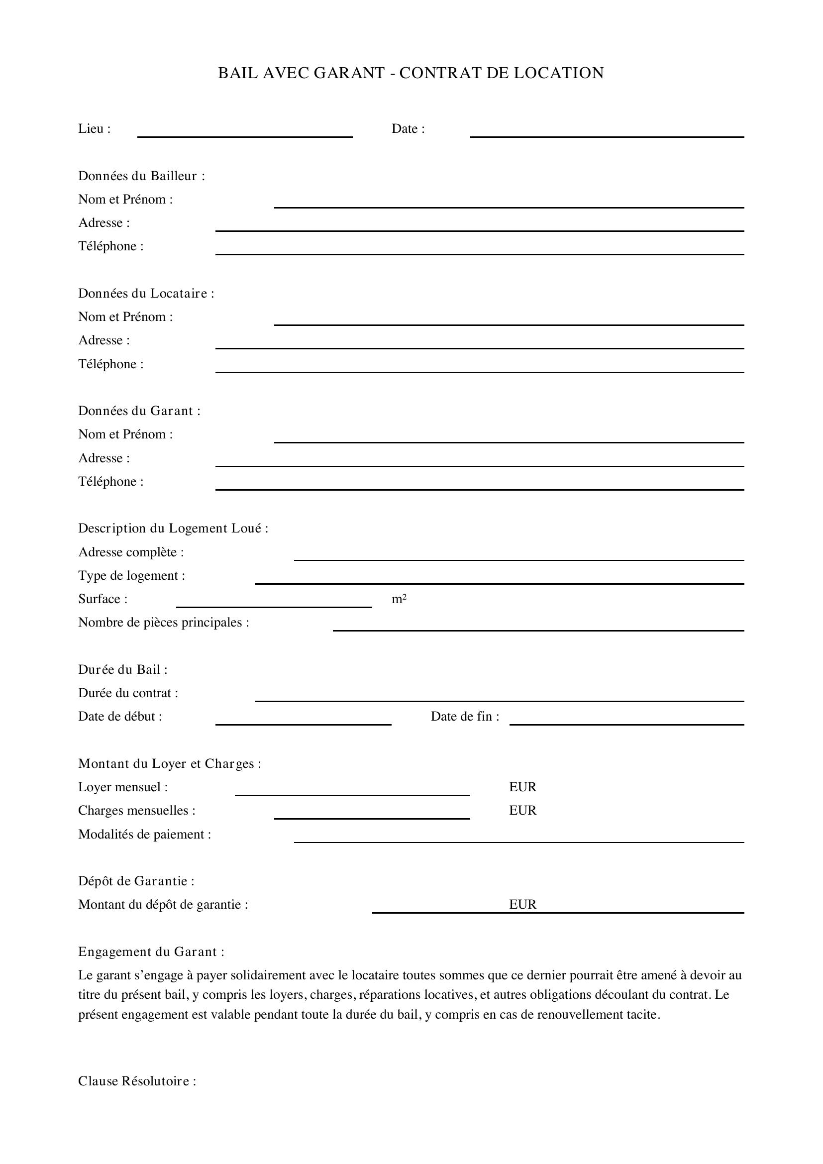 Bail Avec Garant Modèle