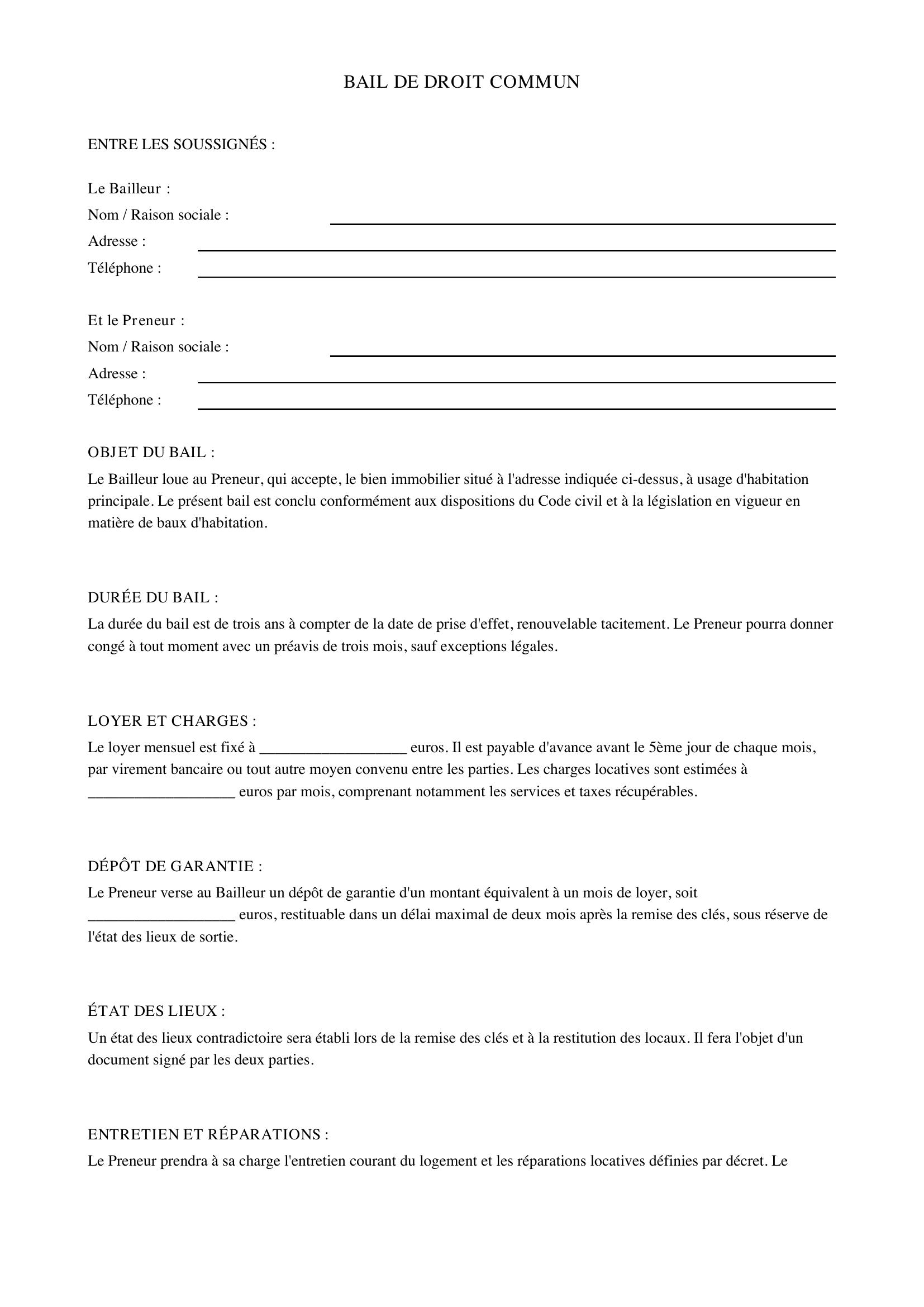 Bail De Droit Commun Modèle