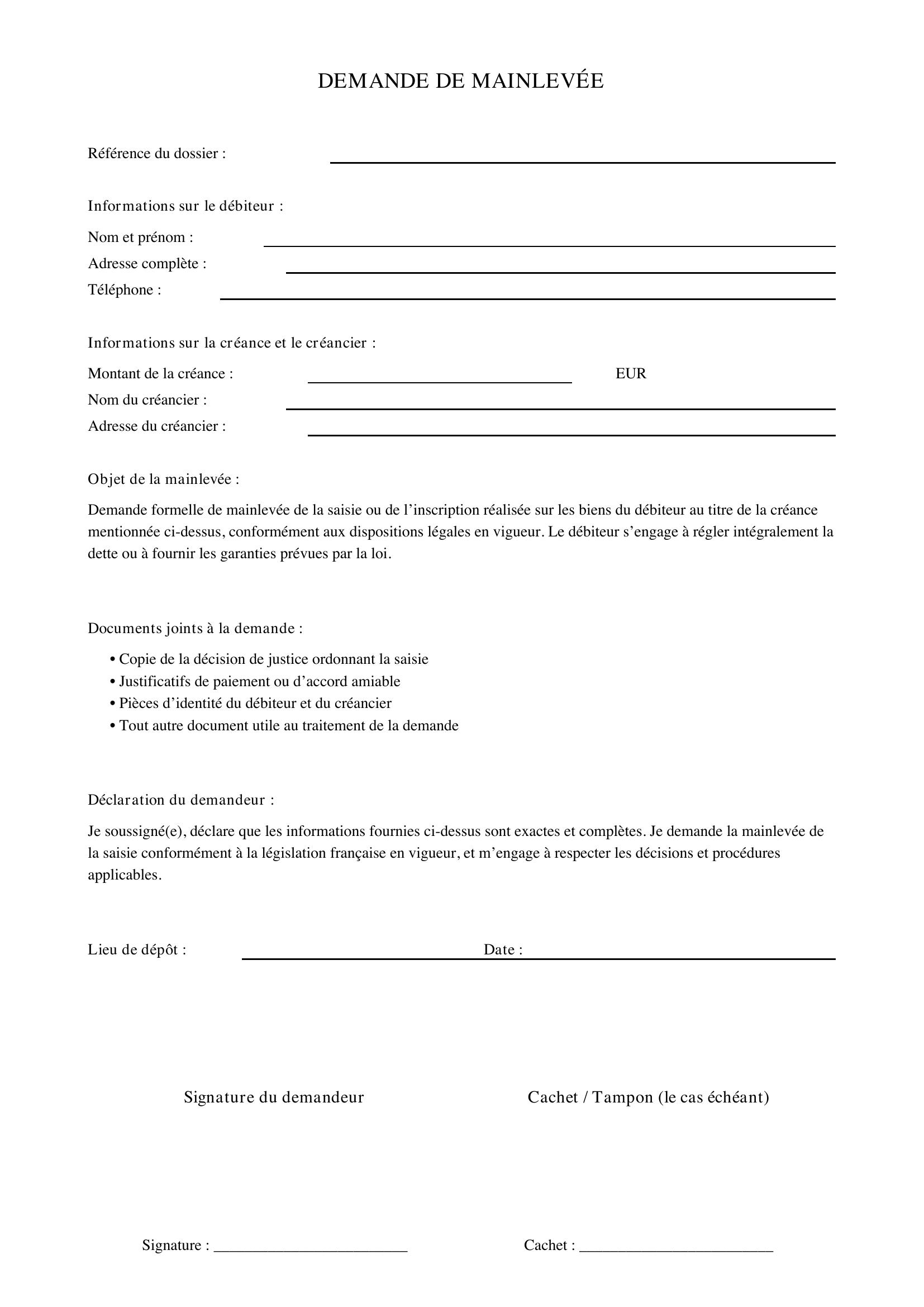 Demande De Mainlevée