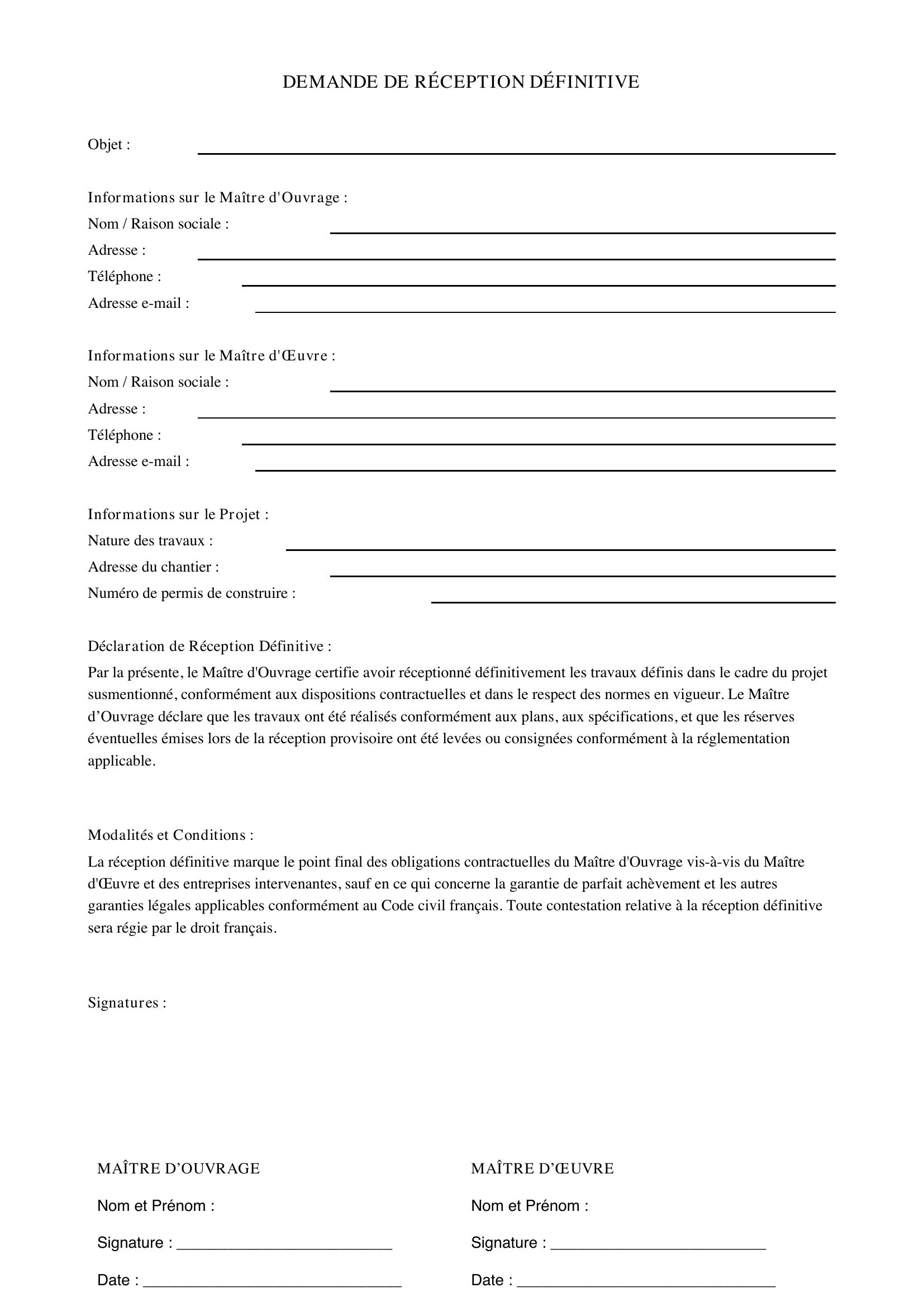 Demande De Réception Définitive