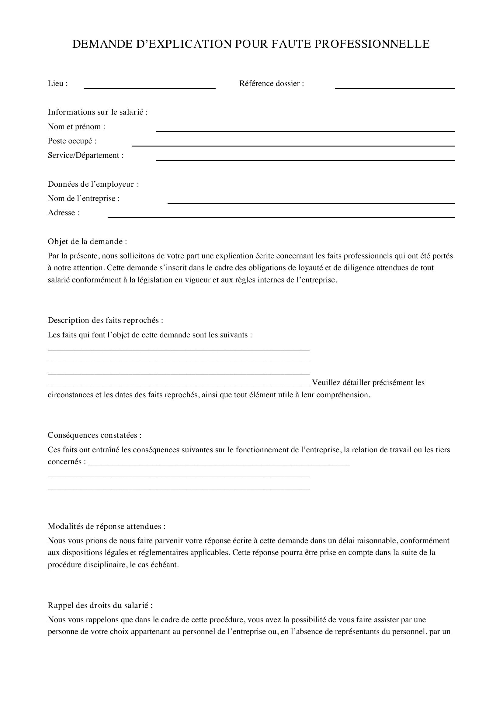 Demande D'Explication Pour Faute Professionnelle