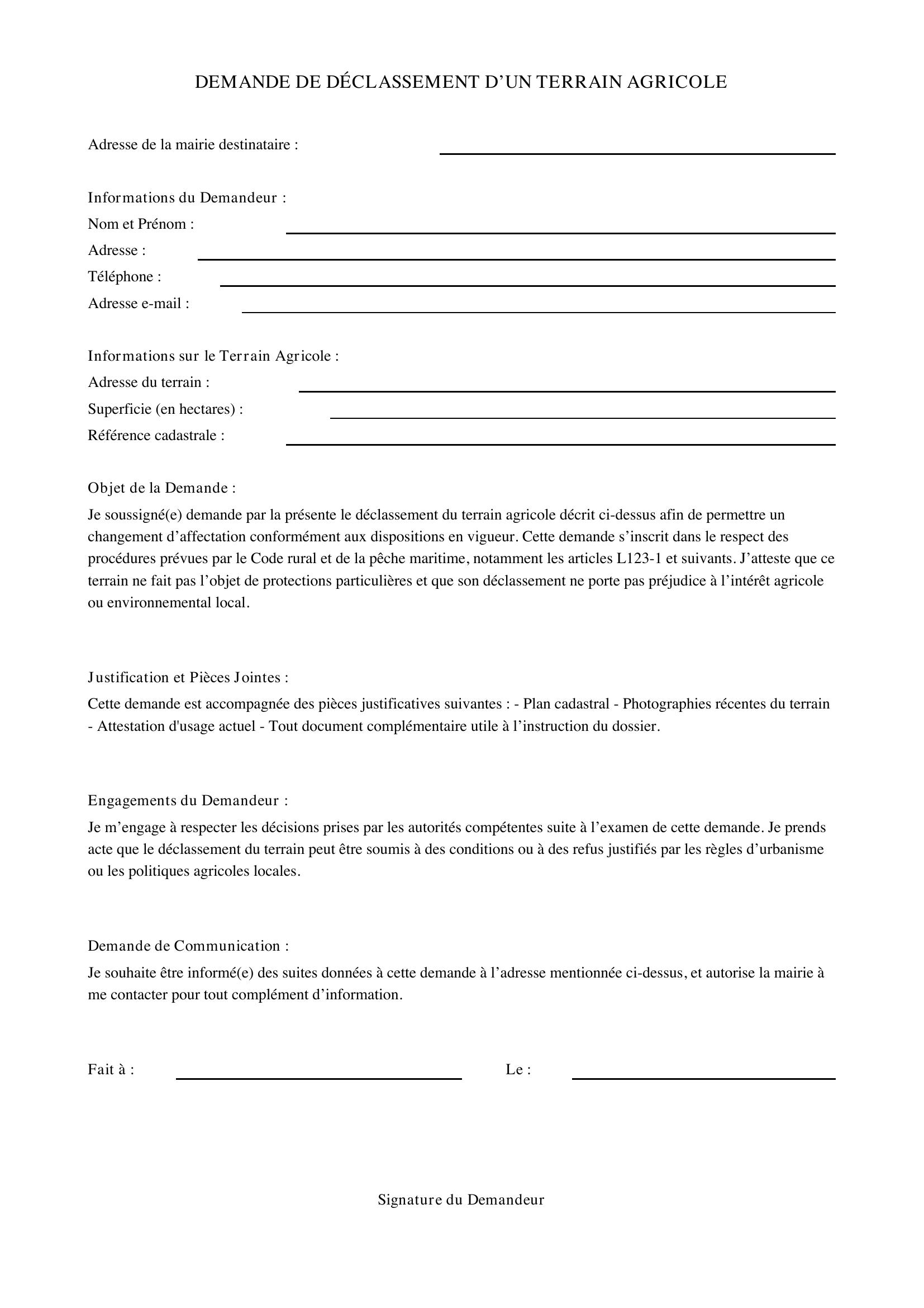 Demande Modèle De Lettre De Déclassement D'Un Terrain Agricole