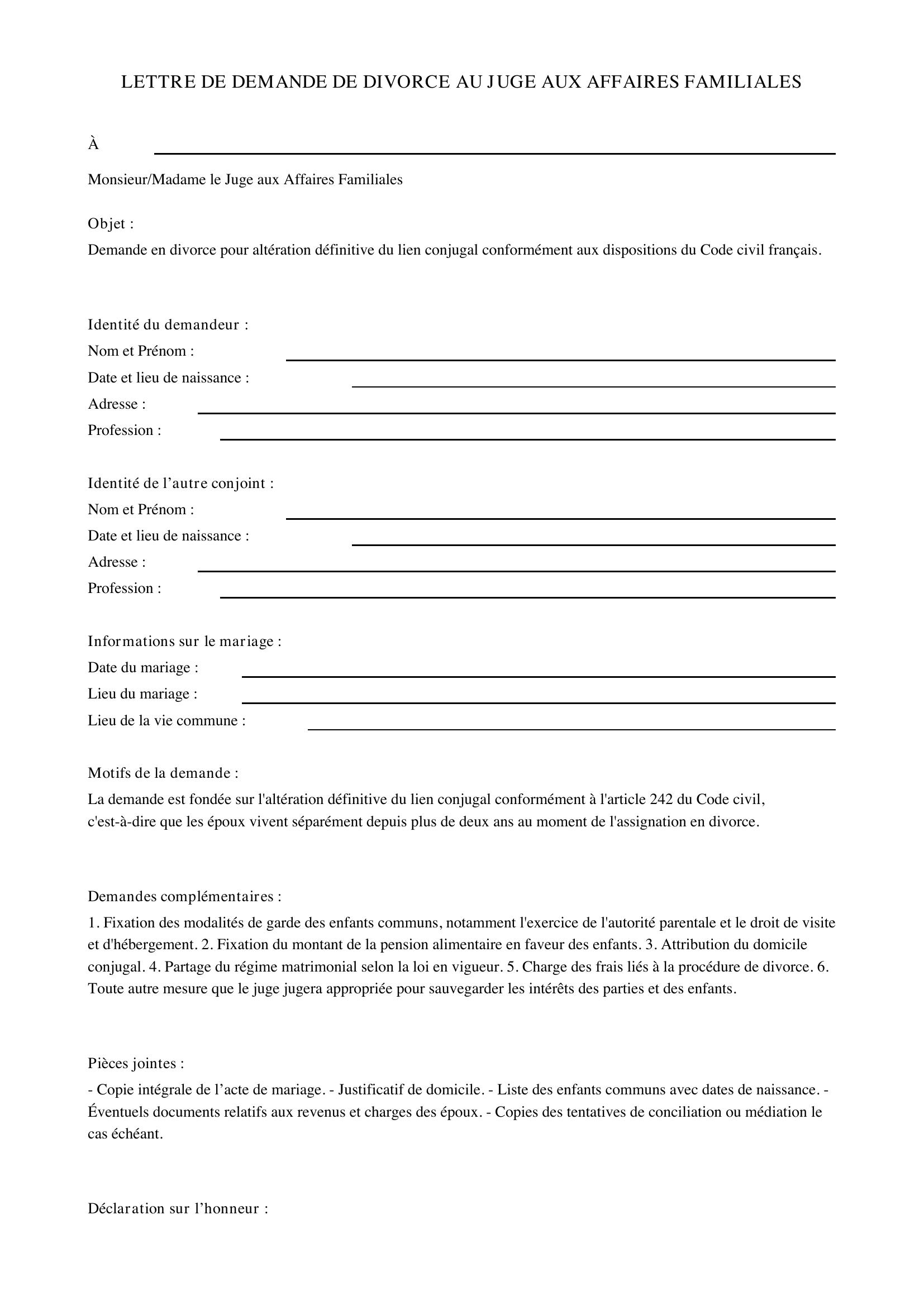 Lettre De Demande De Divorce Au Juge