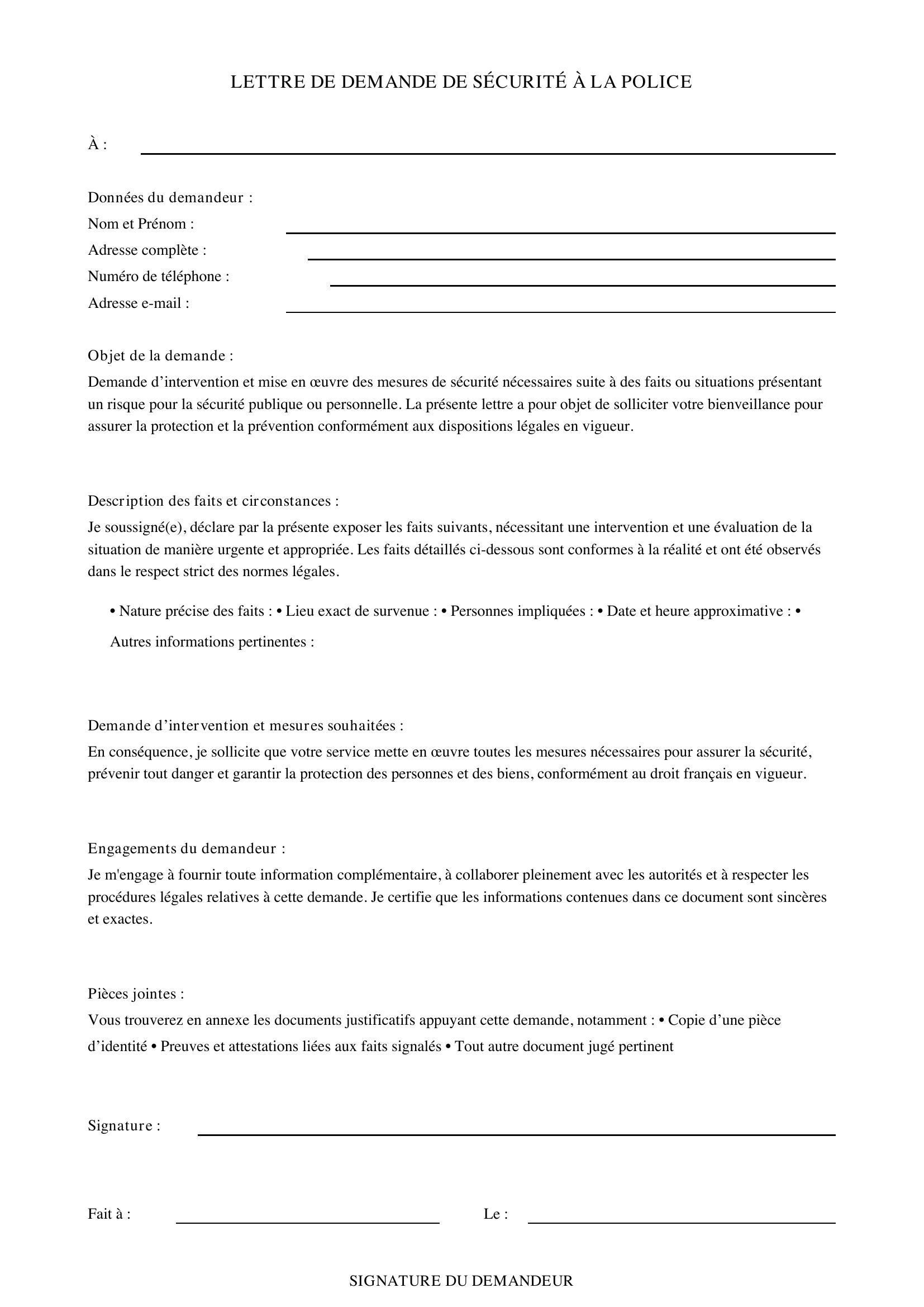 Lettre De Demande De Sécurité À La Police