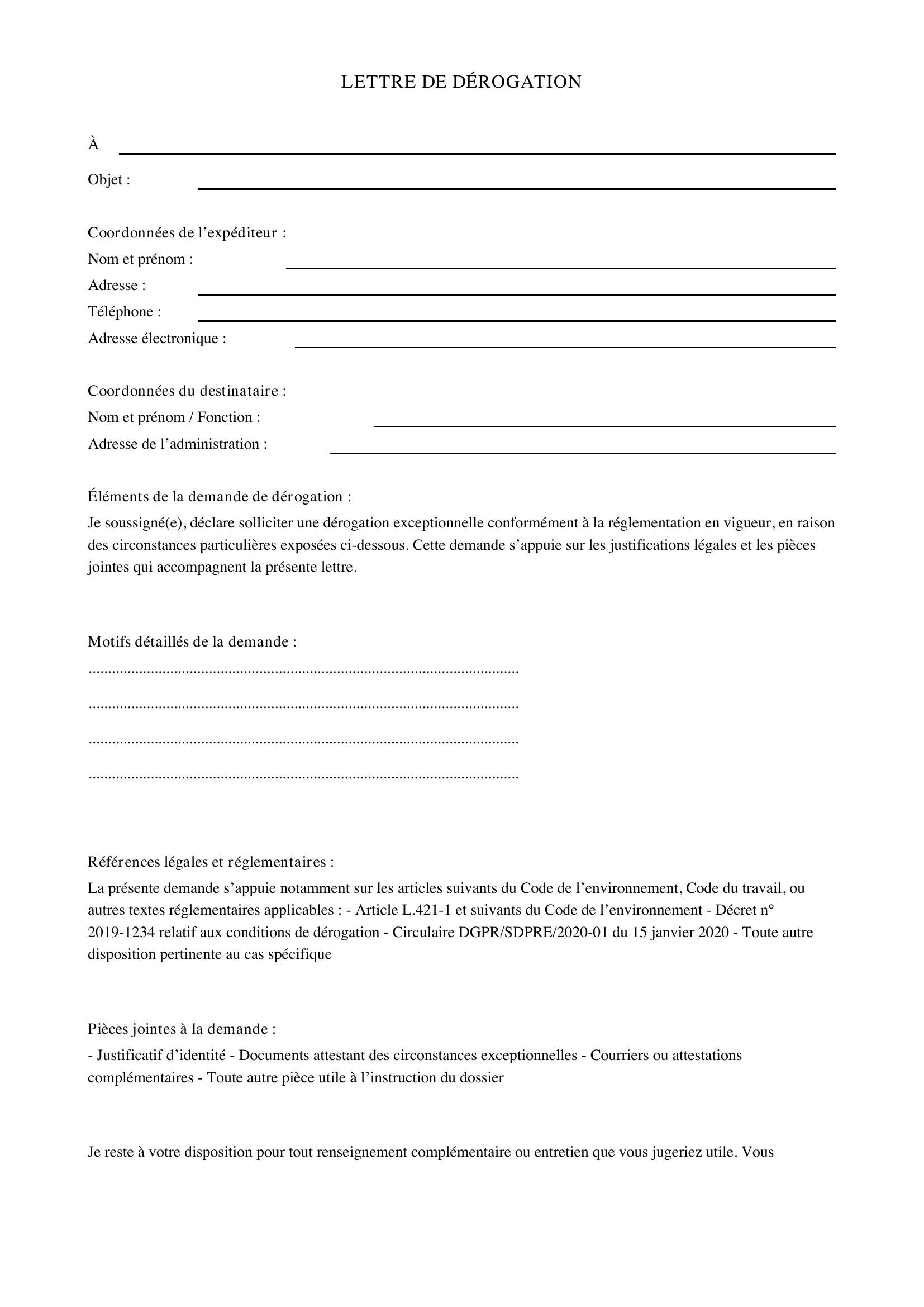 Lettre De Dérogation Exemple