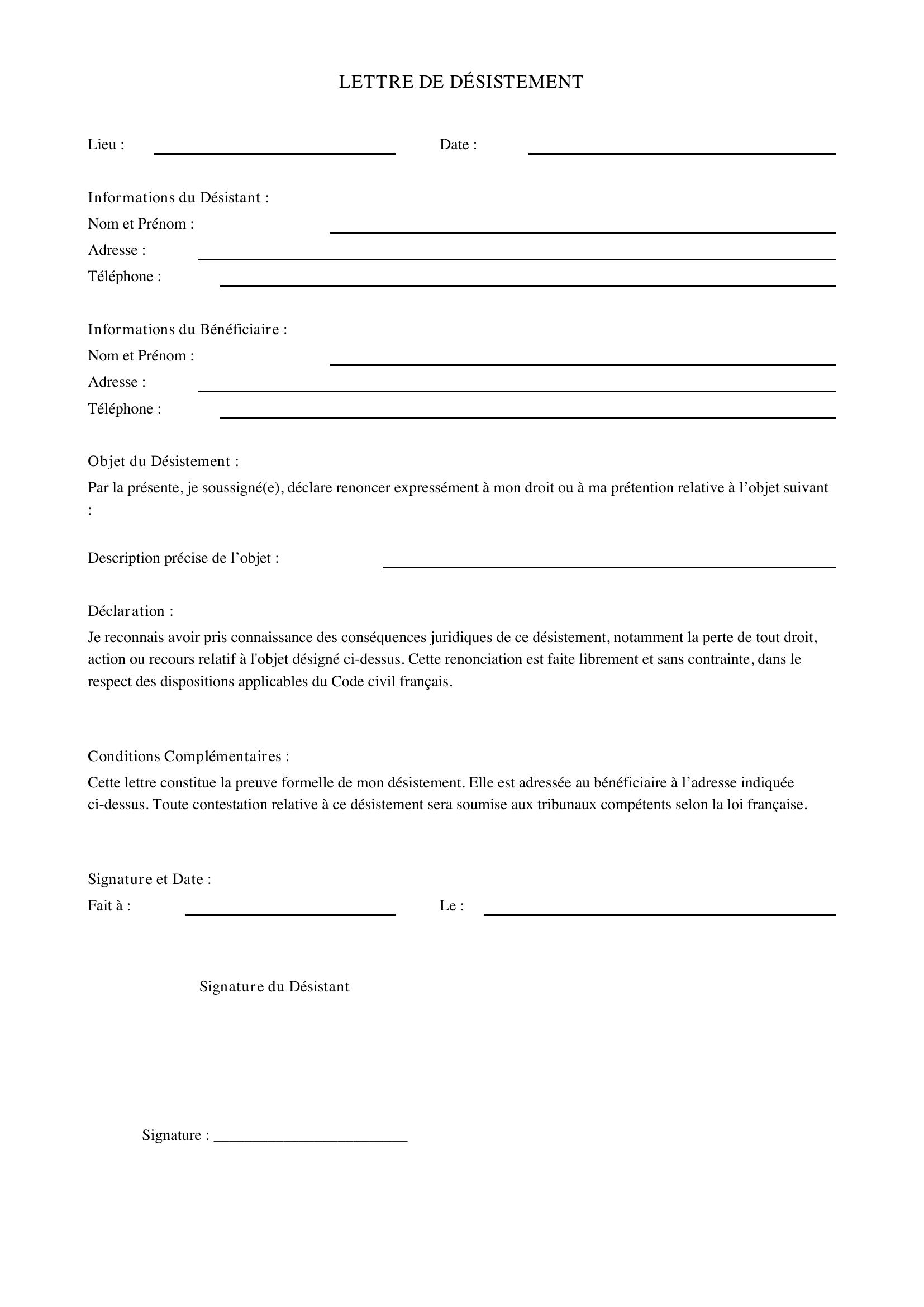 Lettre De Désistement
