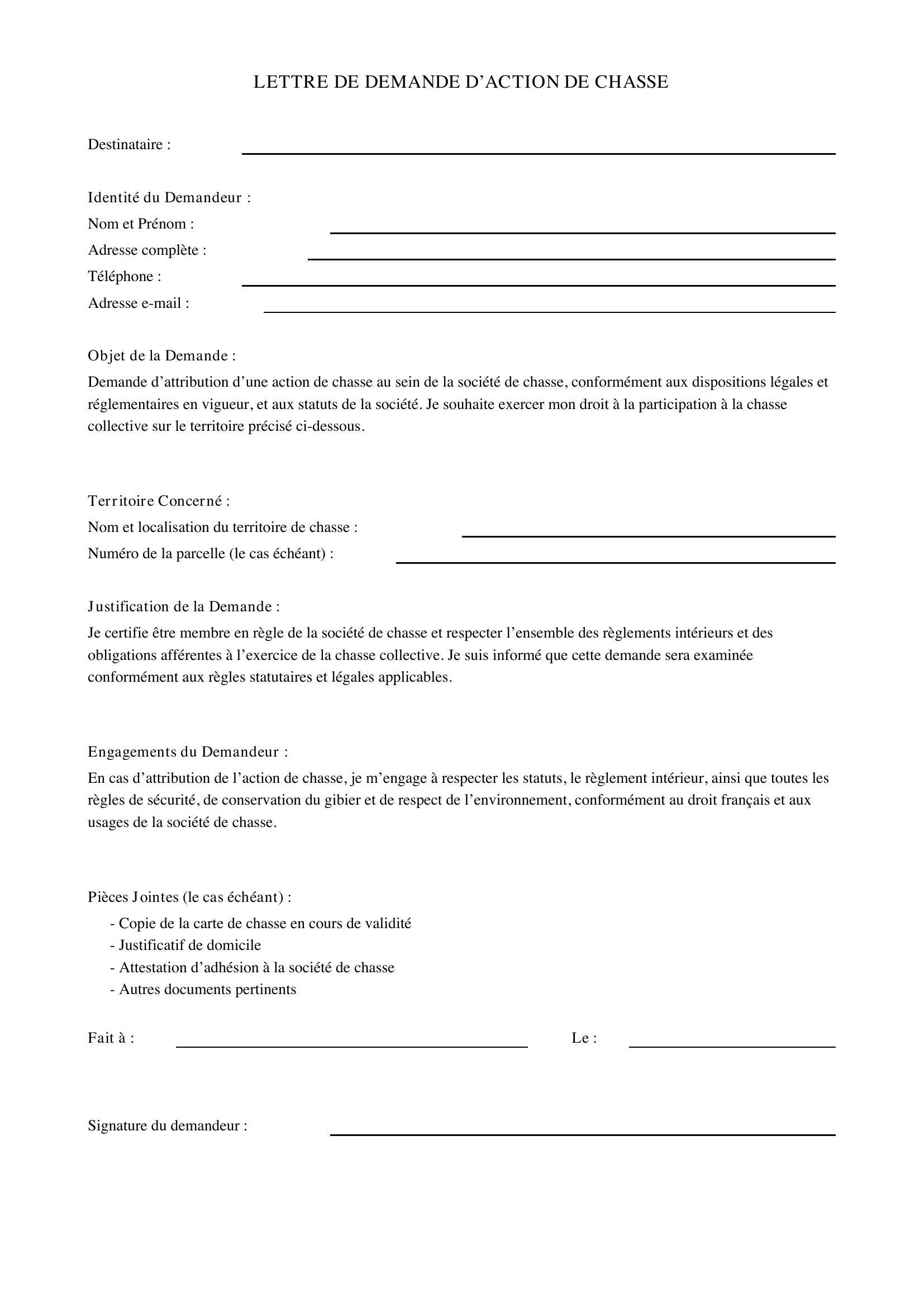 Lettre Demande Action De Chasse
