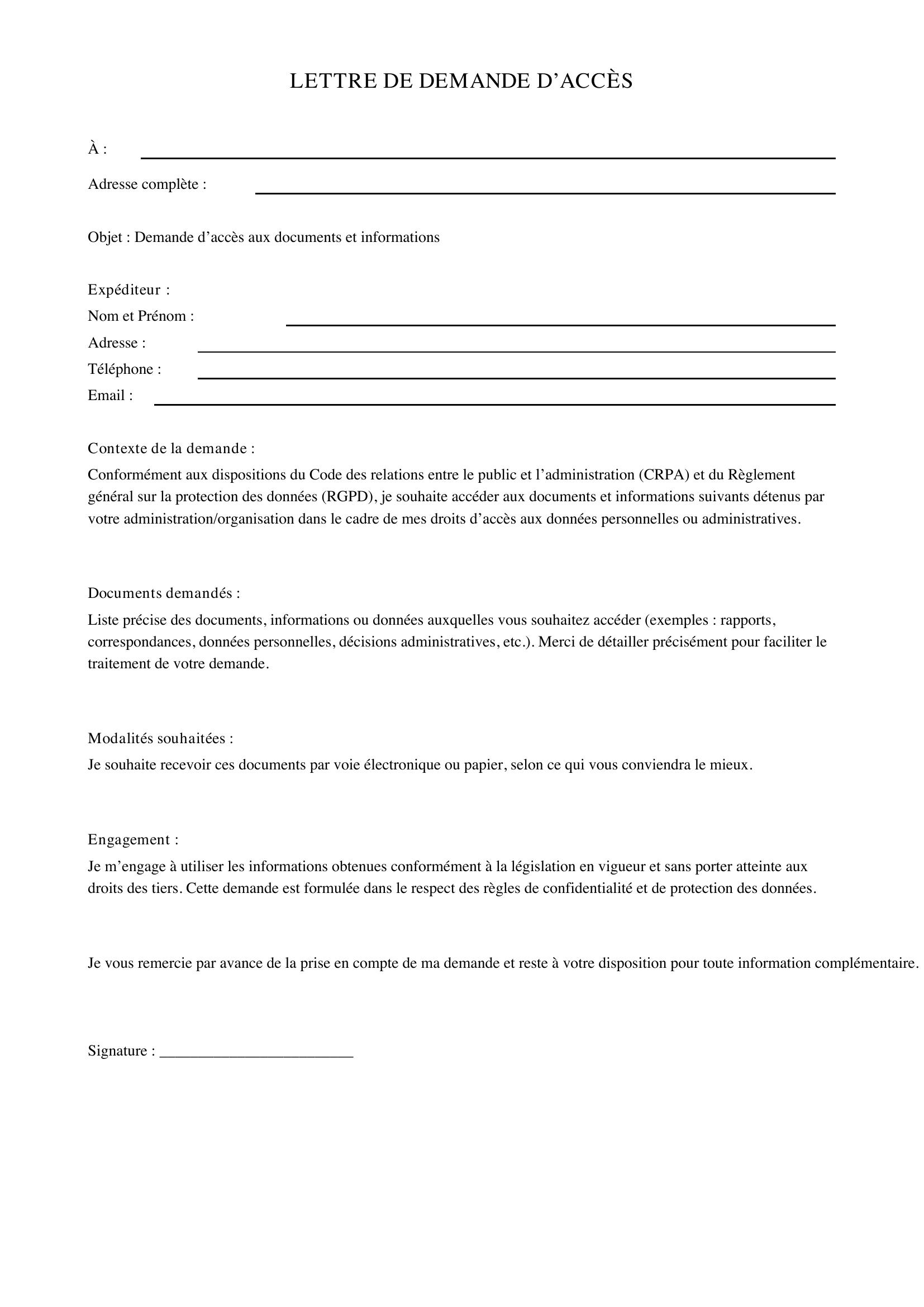 Lettre Demande D'Accès
