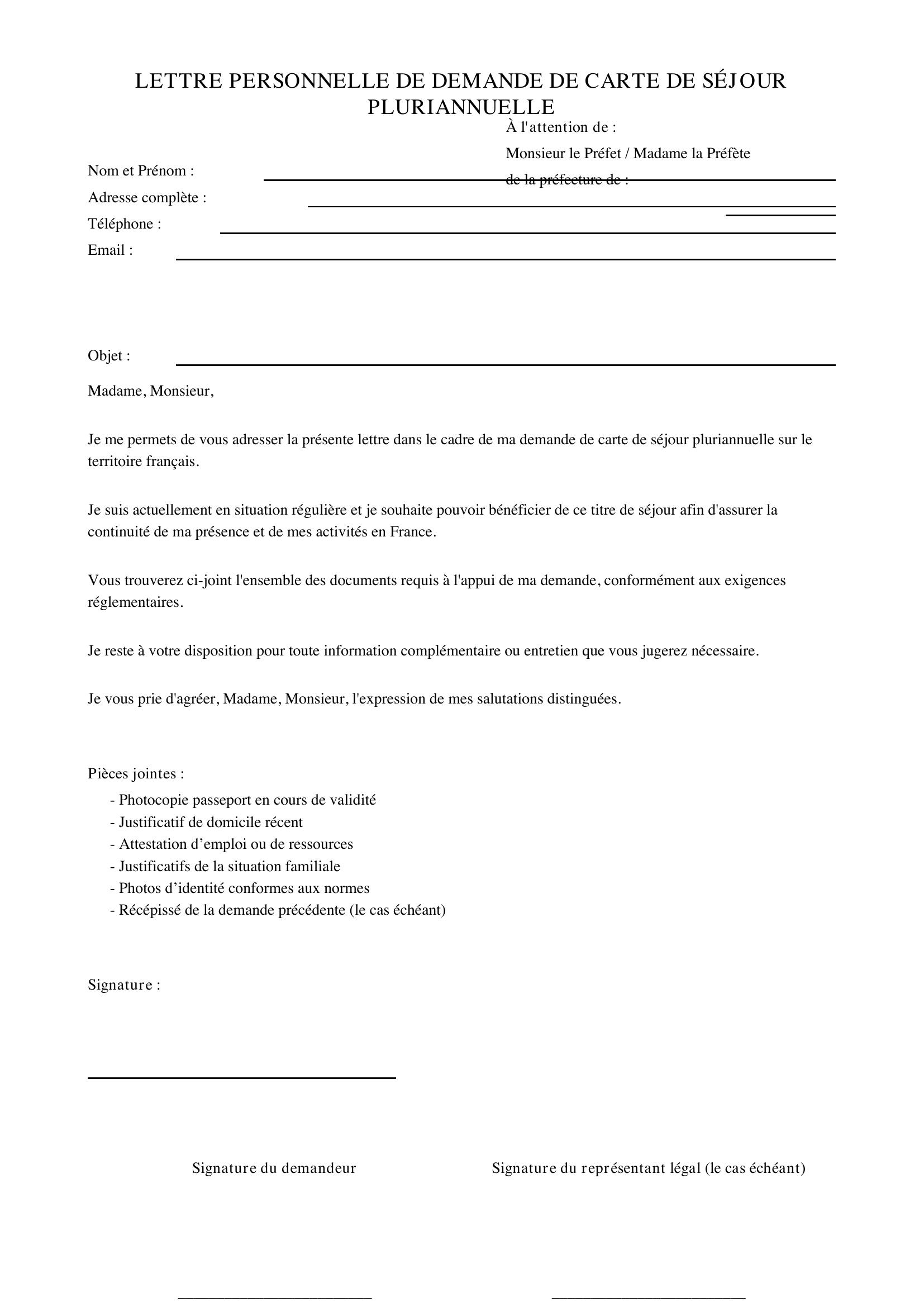 Lettre Personnelle De Demande De Carte De Séjour Pluriannuelle