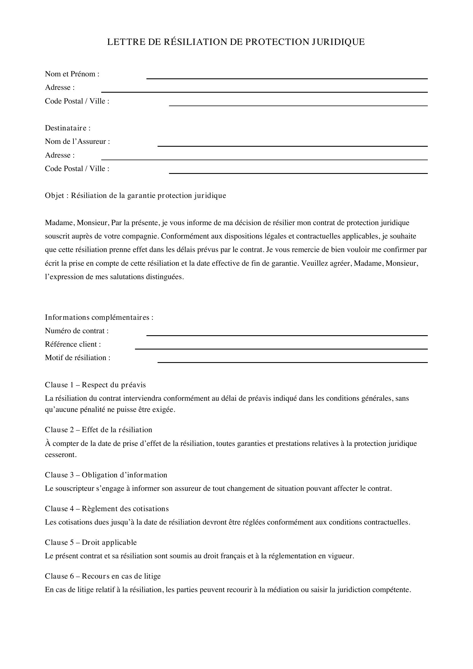 Lettre Résiliation Protection Juridique