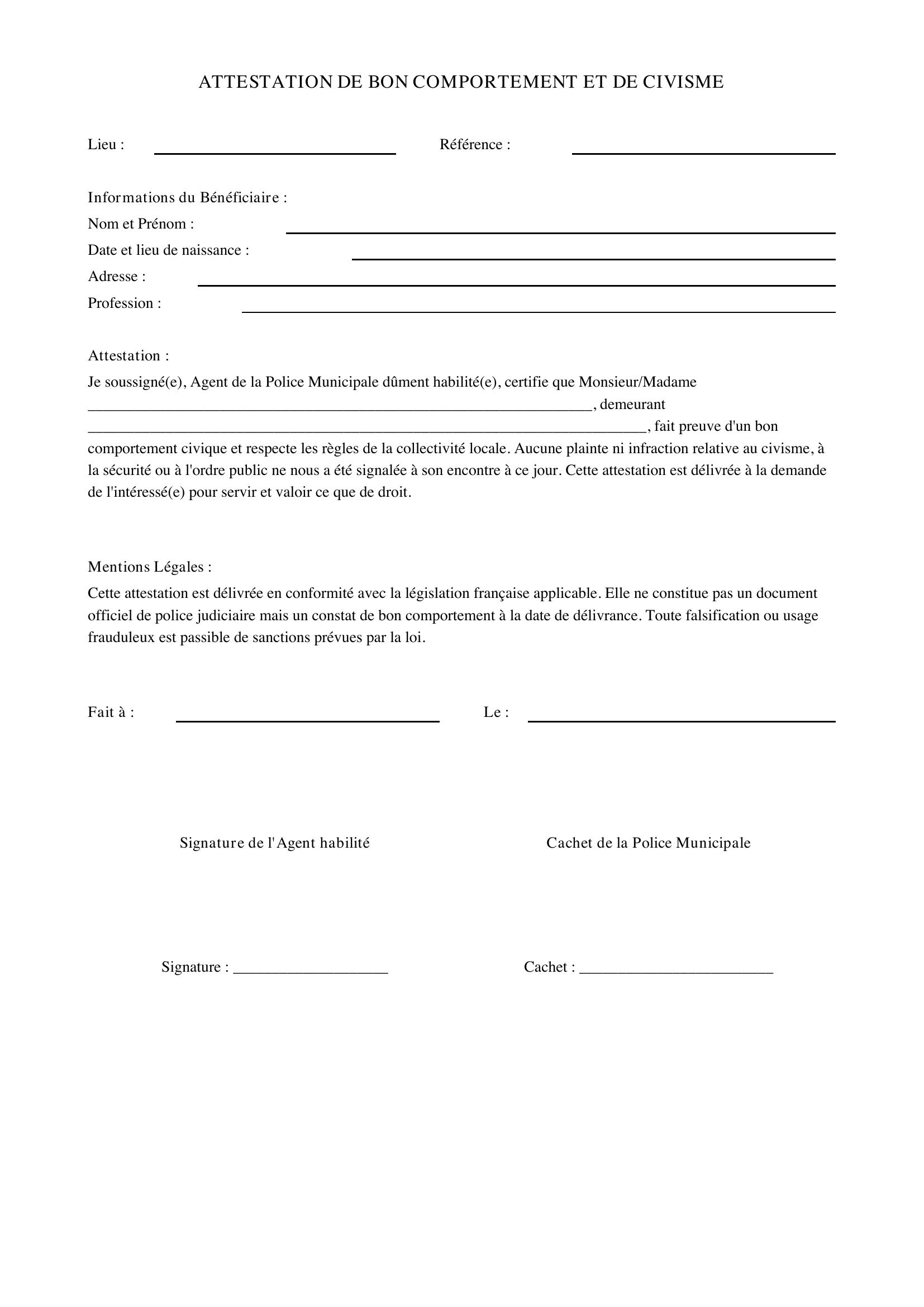 Modèle Attestation De Bon Comportement