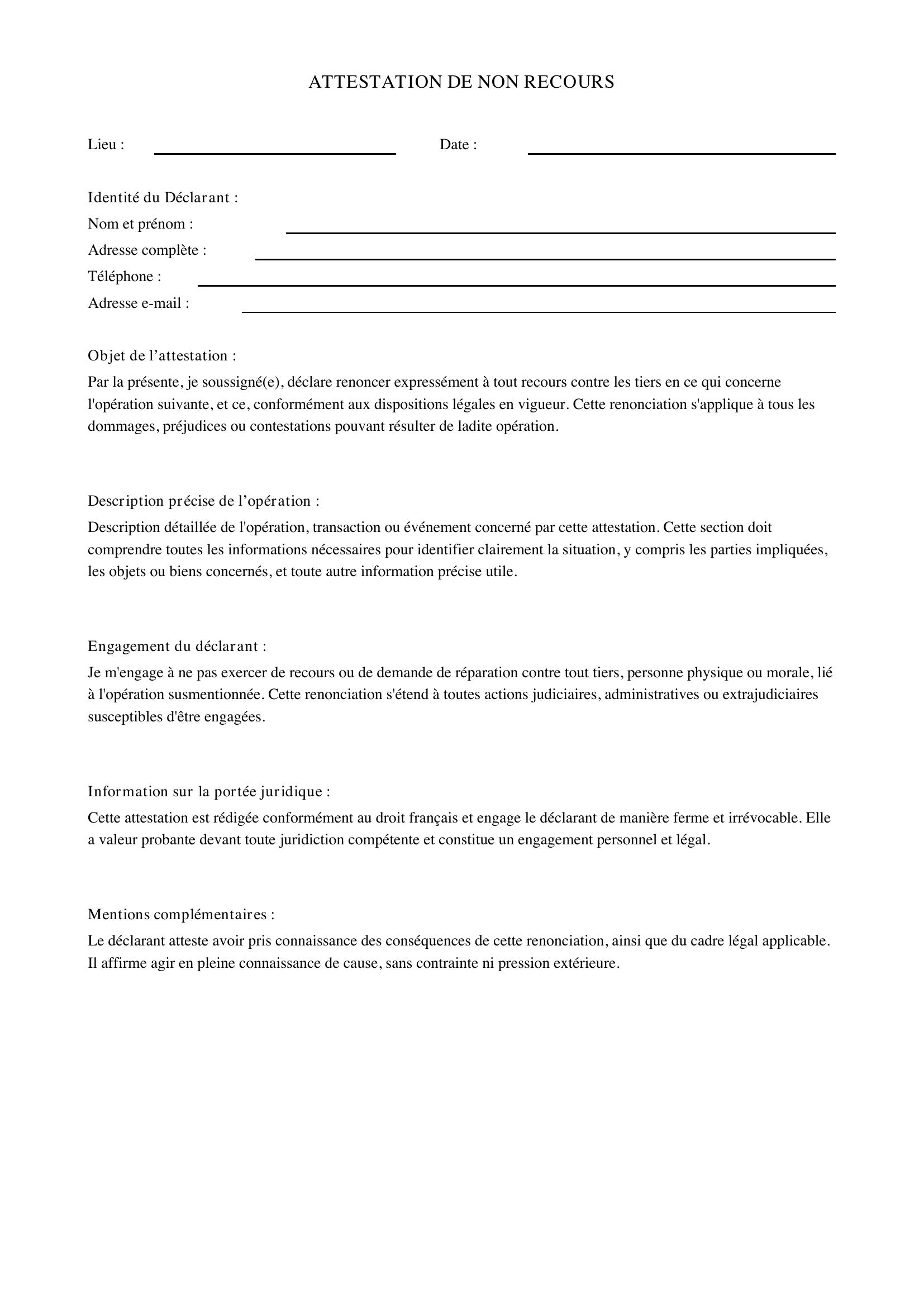 Modèle Attestation De Non Recours