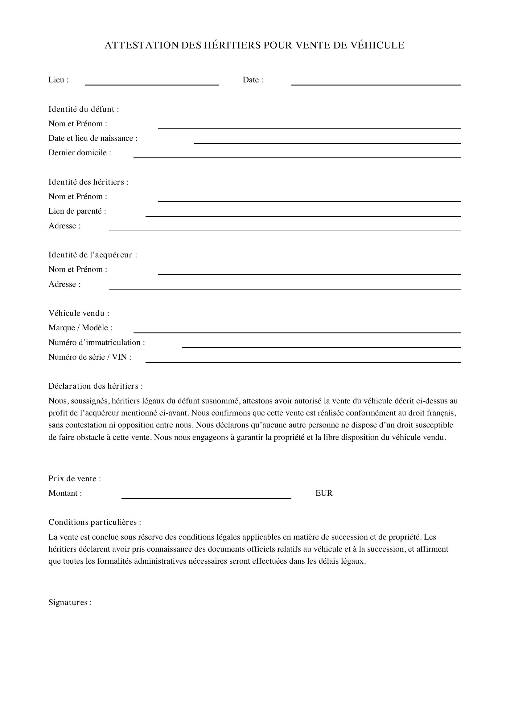 Modèle Attestation Héritiers Pour Vente Véhicule
