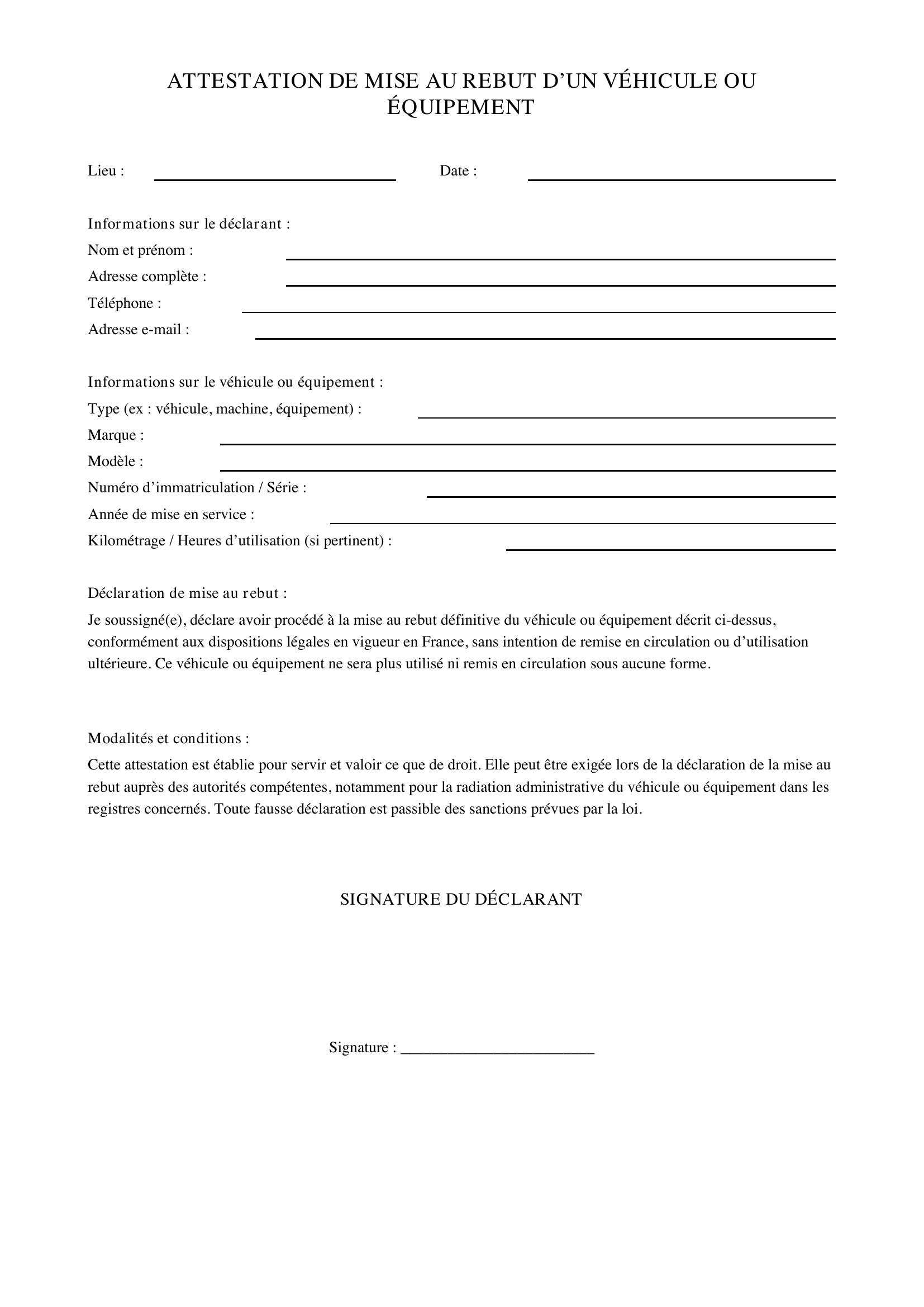 Modèle Attestation Mise Au Rebut