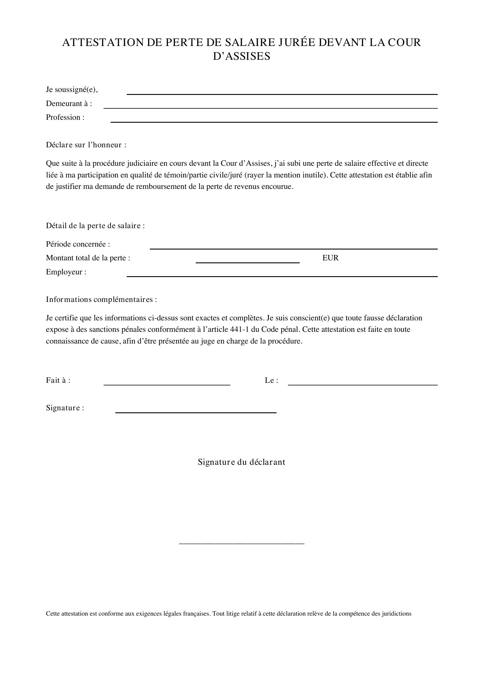 Modèle Attestation Perte De Salaire Juré D'Assises