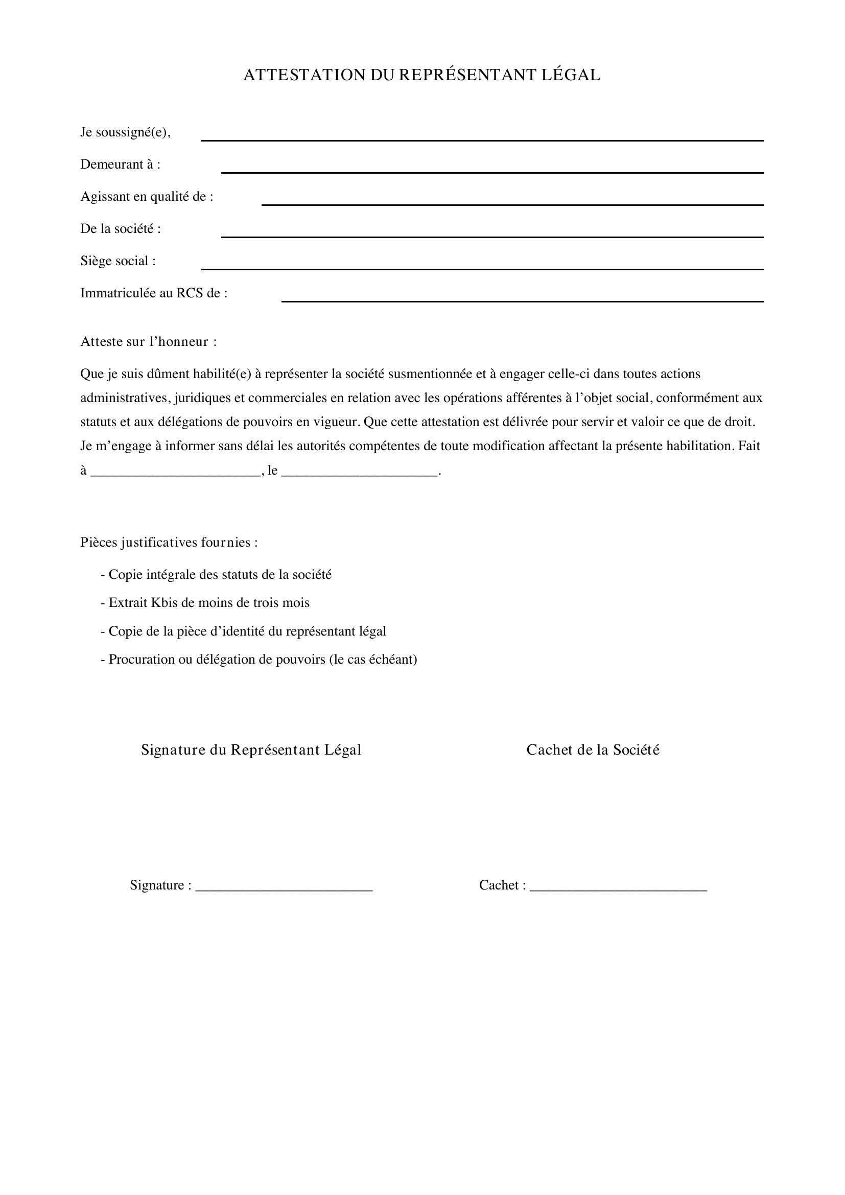 Modèle Attestation Représentant Légal