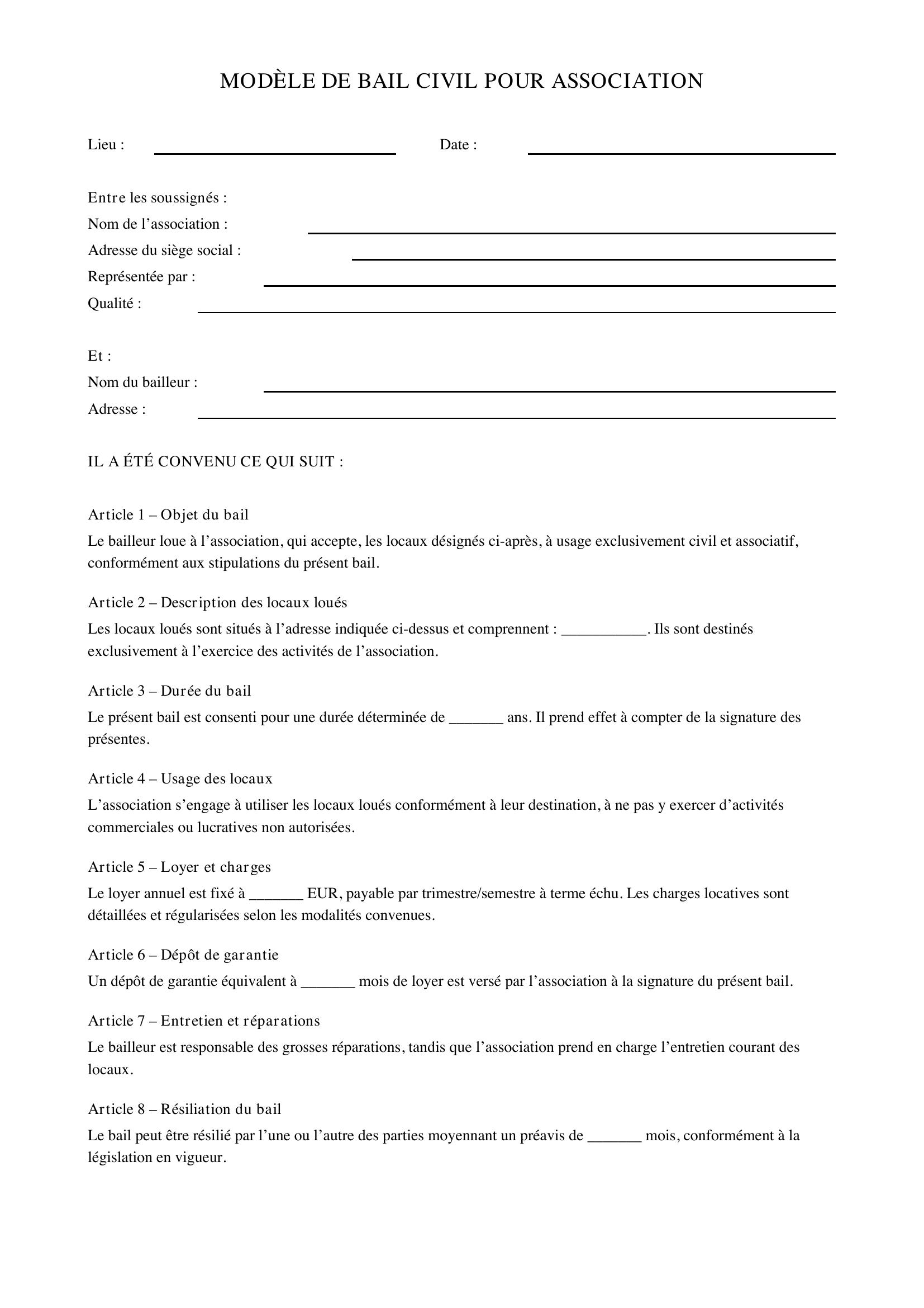 Modèle Bail Civil Association