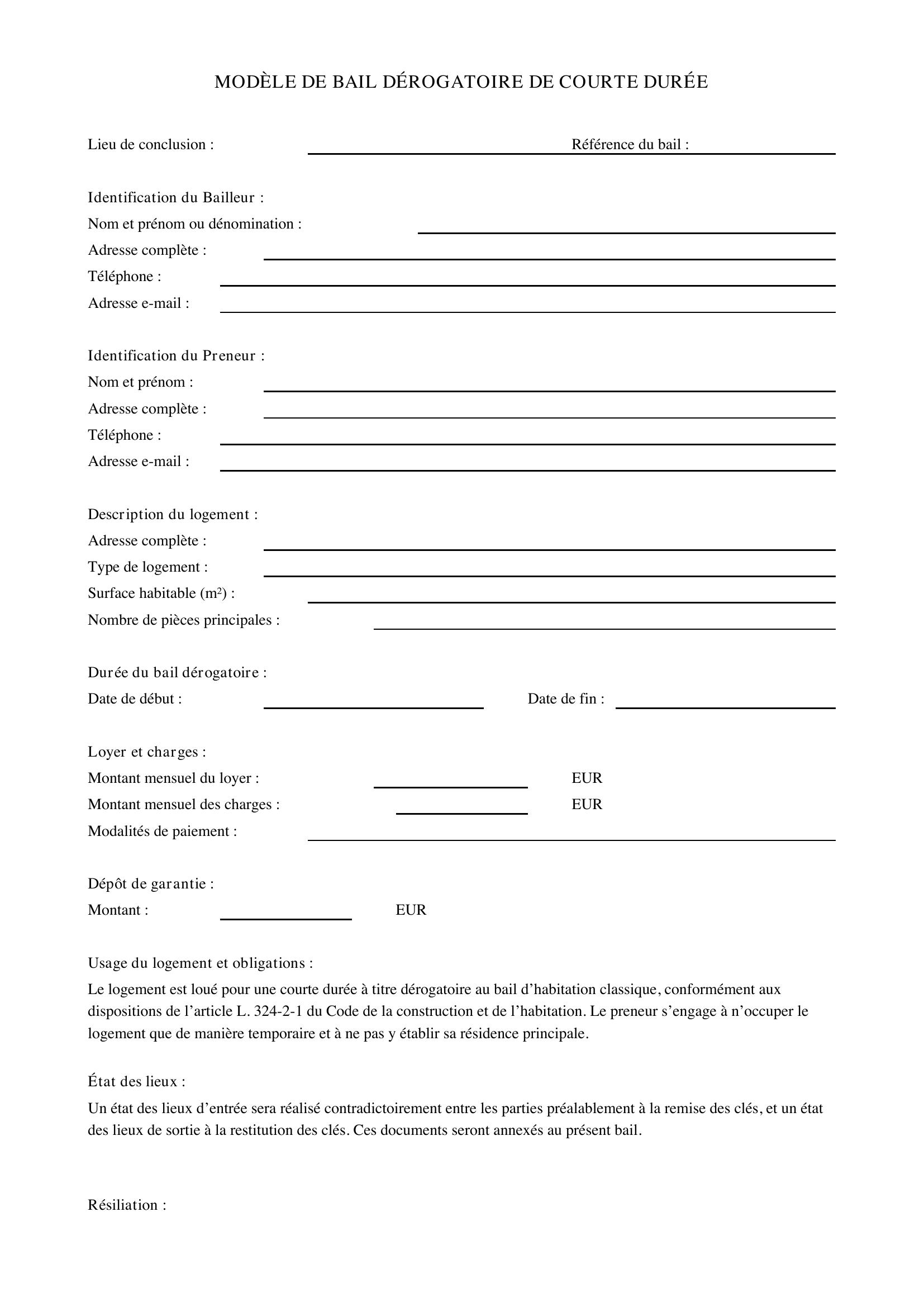 Modèle Bail Dérogatoire De Courte Durée