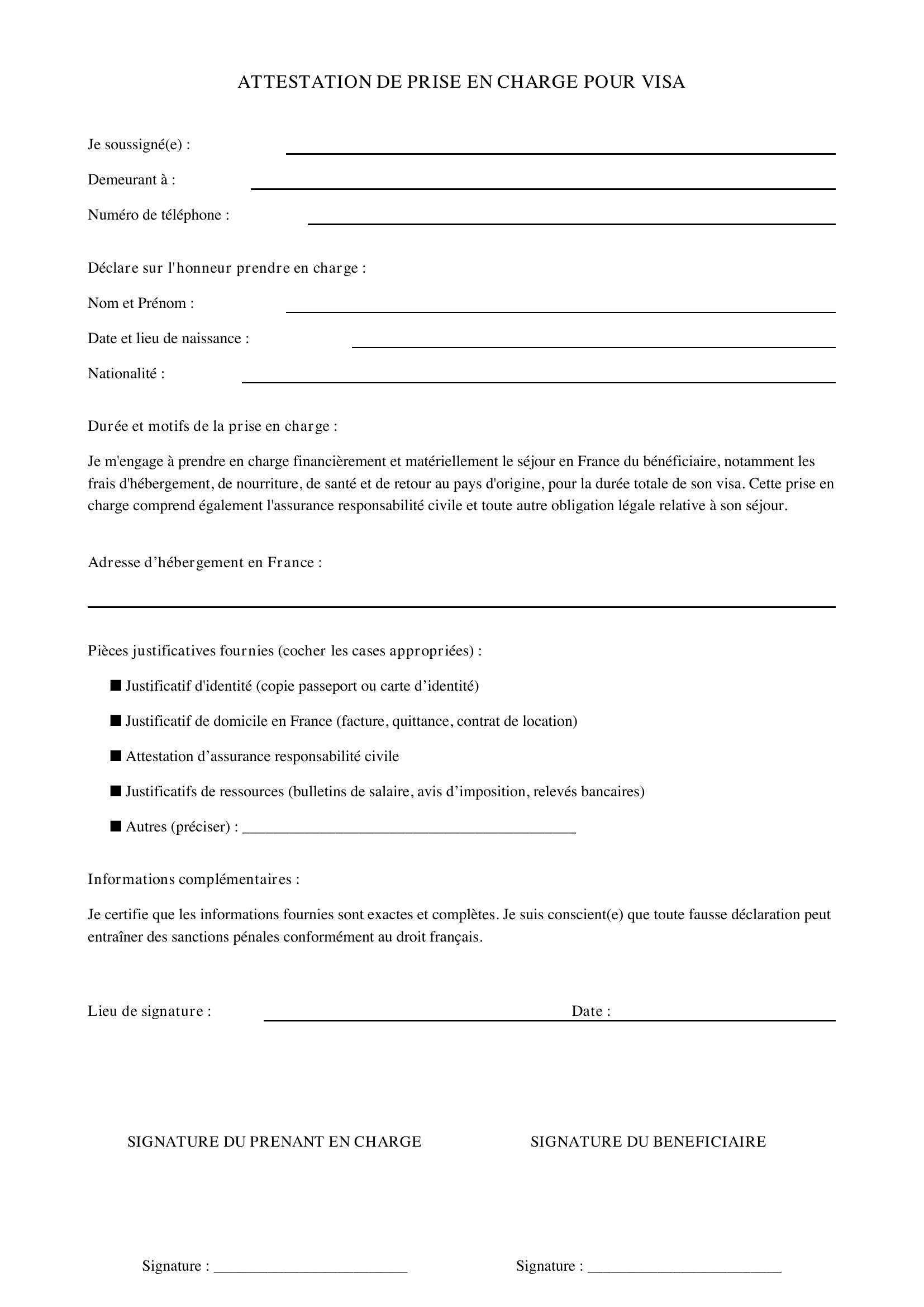 Modèle D'Attestation De Prise En Charge Pour Visa