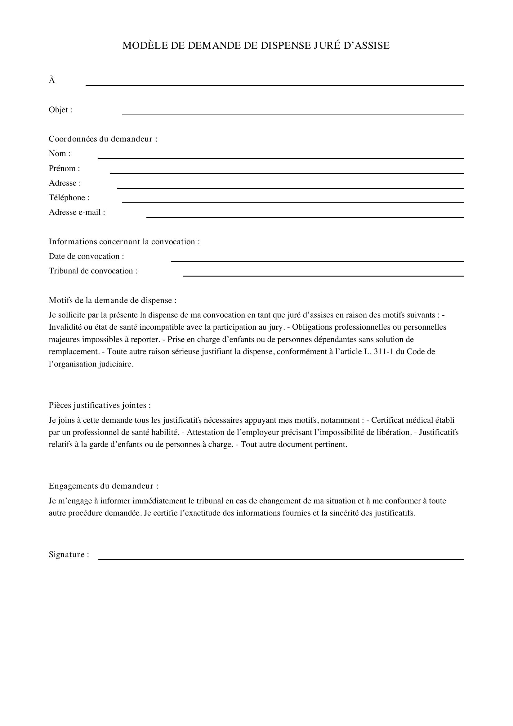 Modèle De Demande De Dispense Juré D'Assise