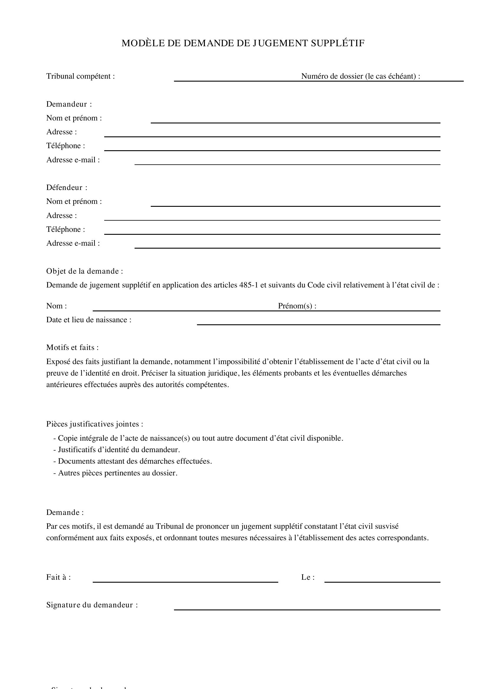 Modèle De Demande De Jugement Supplétif