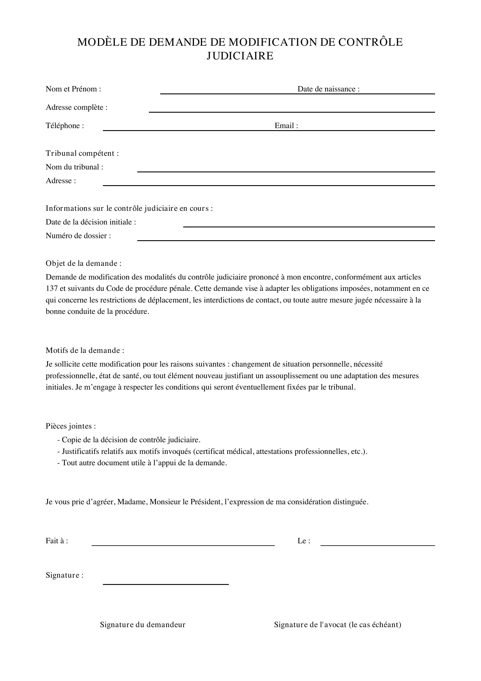 Modèle De Demande De Modification De Contrôle Judiciaire