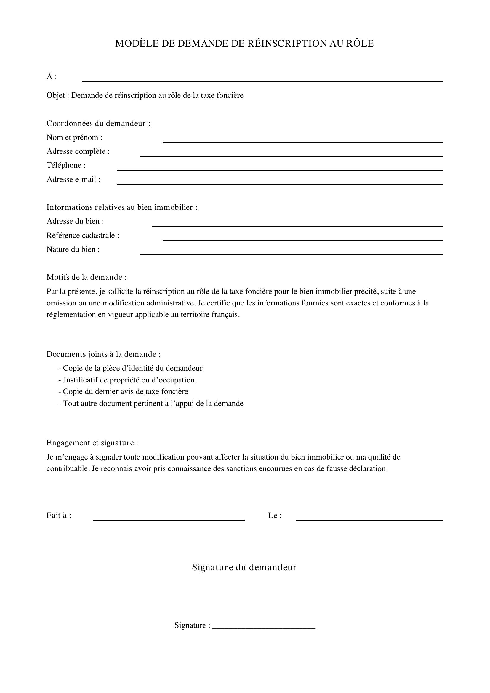 Modèle De Demande De Réinscription Au Rôle