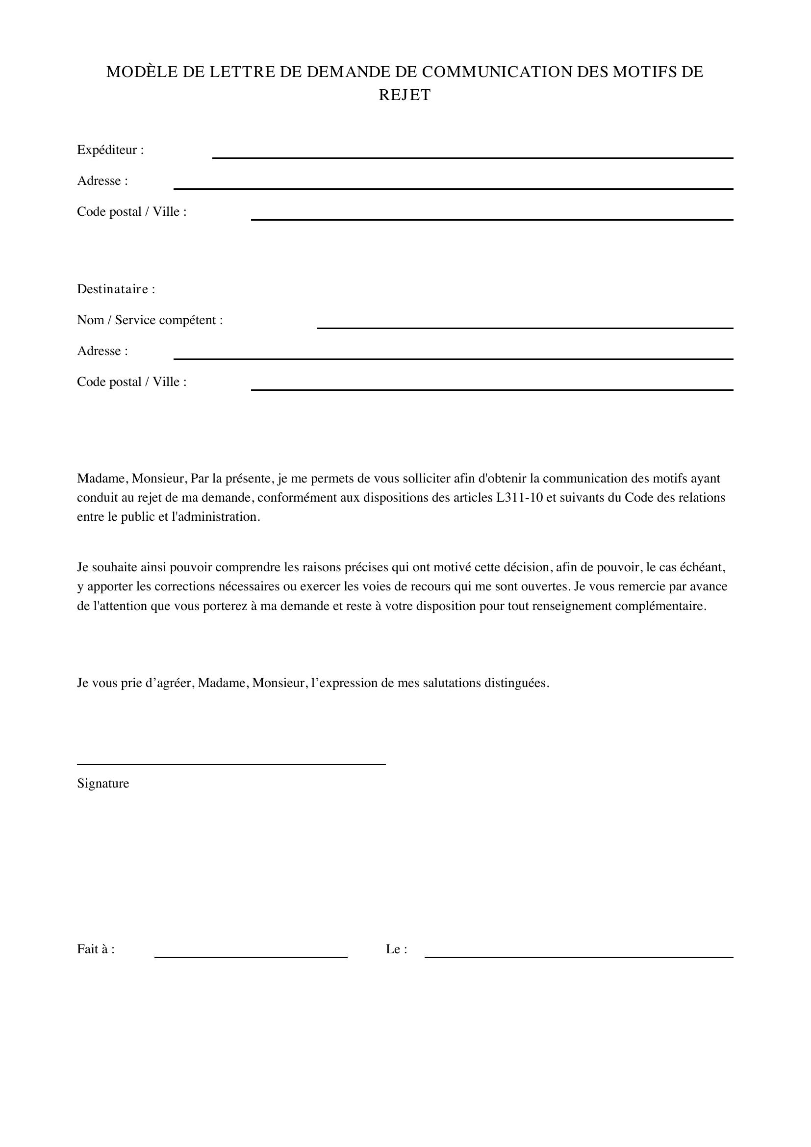 Modèle De Lettre De Demande De Communication Des Motifs De Rejet