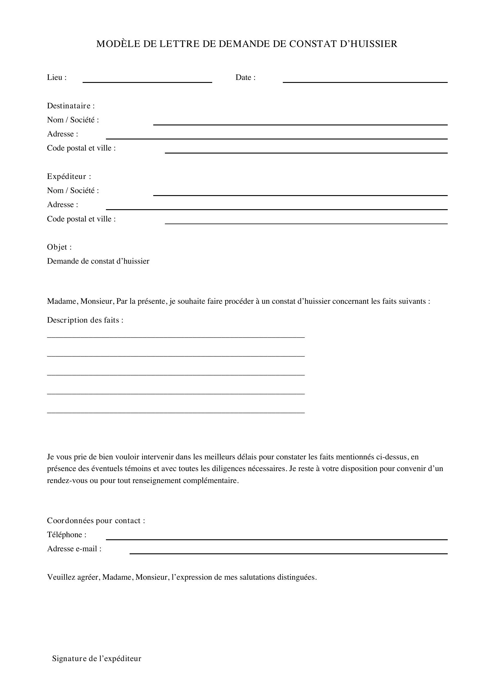 Modèle De Lettre De Demande De Constat D'Huissier