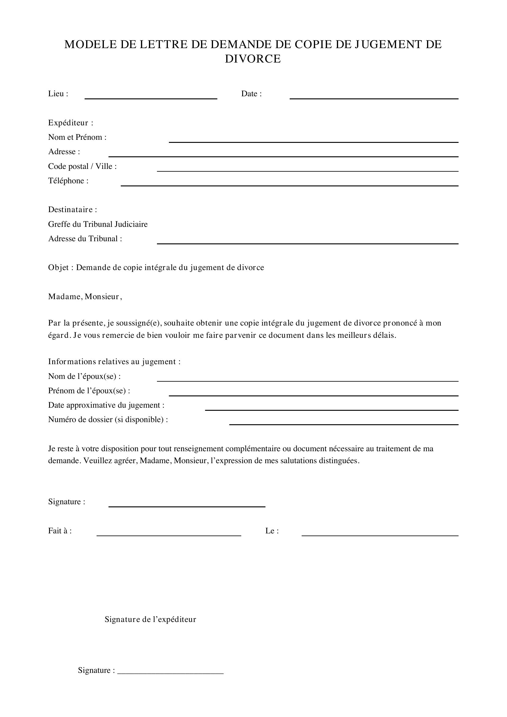 Modèle De Lettre De Demande De Copie De Jugement De Divorce
