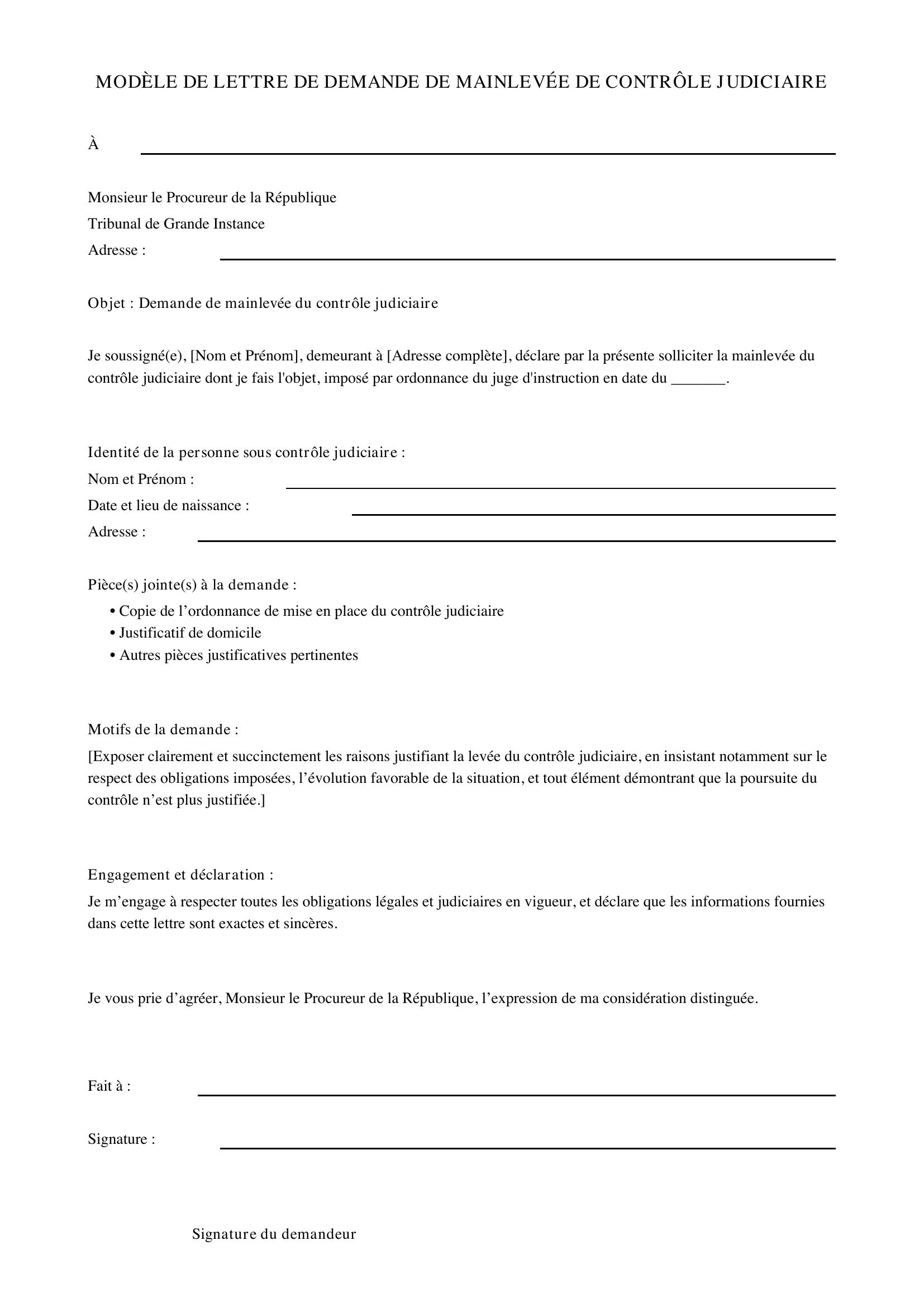 Modèle De Lettre De Demande De Mainlevée De Contrôle Judiciaire