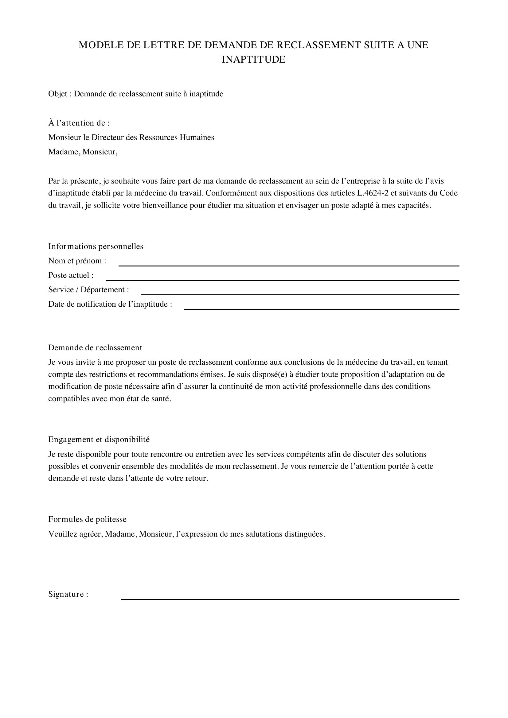Modèle De Lettre De Demande De Reclassement Suite À Une Inaptitude