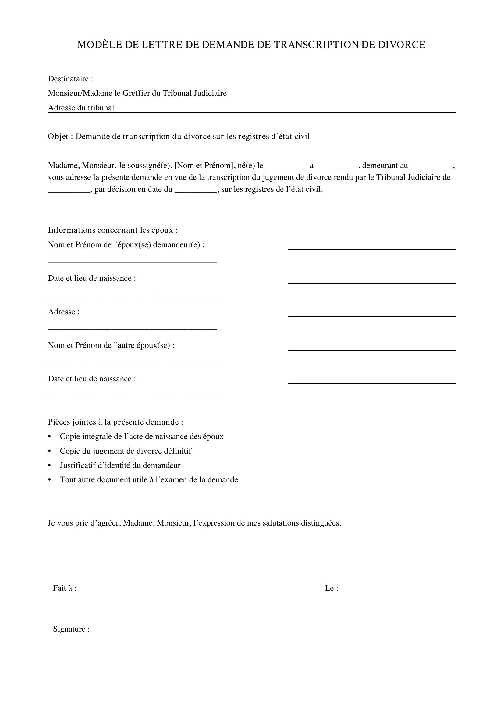 Modèle De Lettre De Demande De Transcription De Divorce