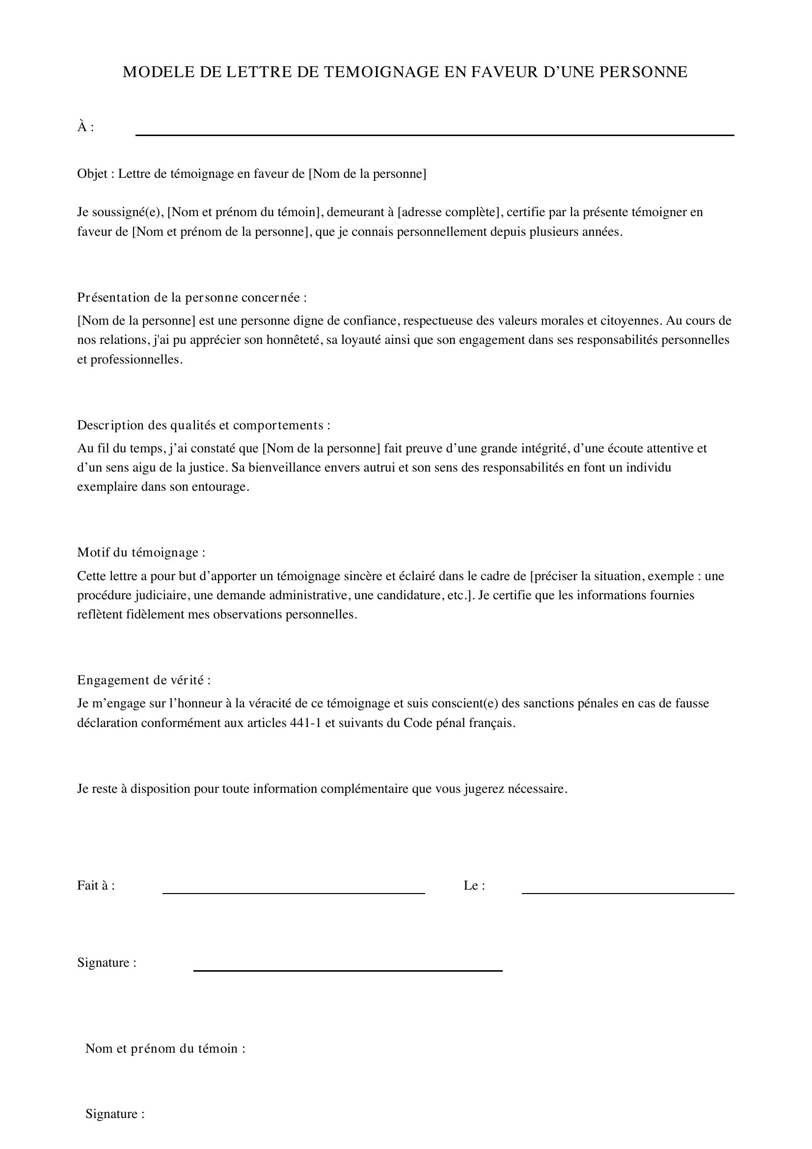 Modèle De Lettre De Temoignage En Faveur D'Une Personne