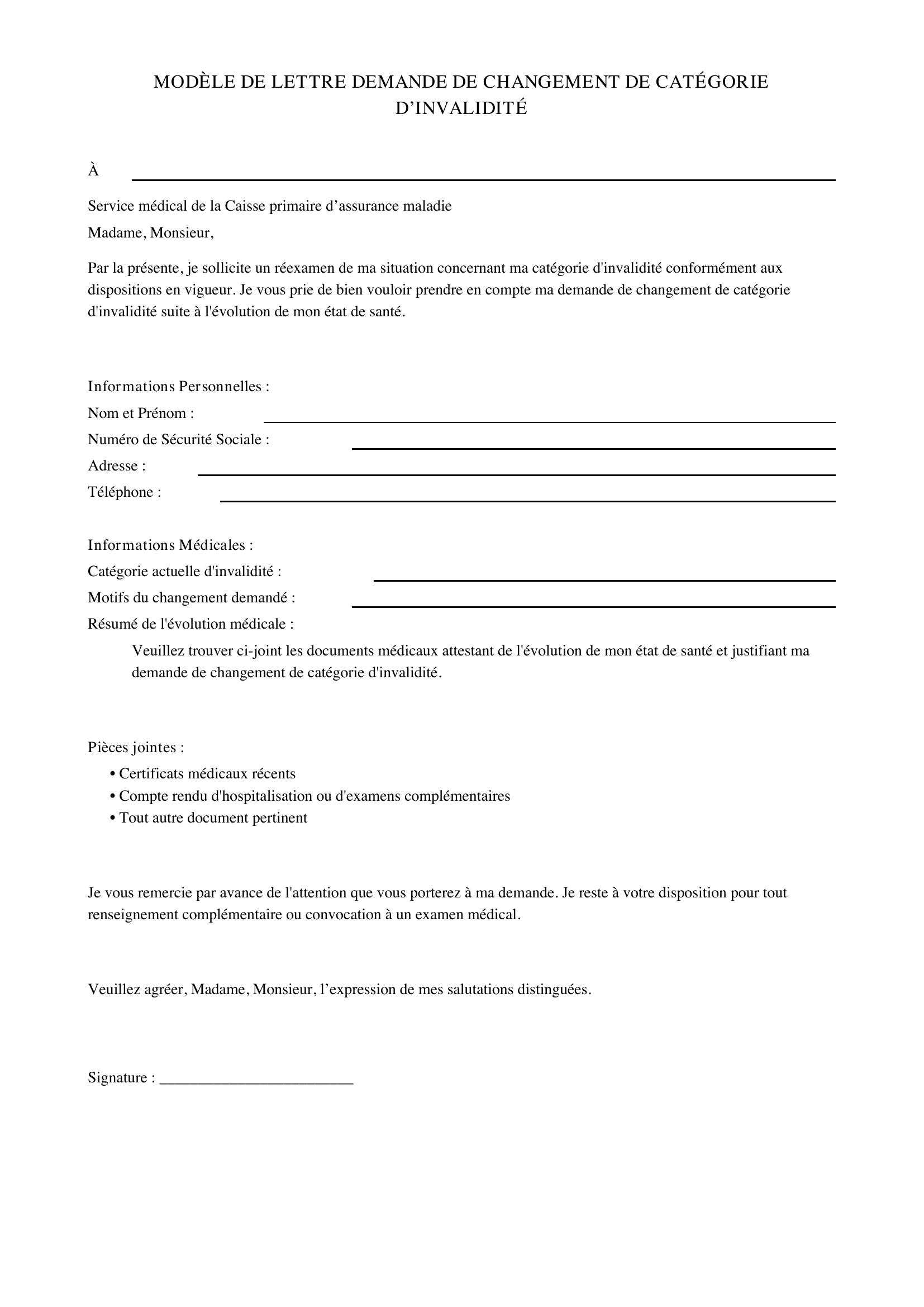 Modèle De Lettre Demande De Changement De Catégorie D'Invalidité
