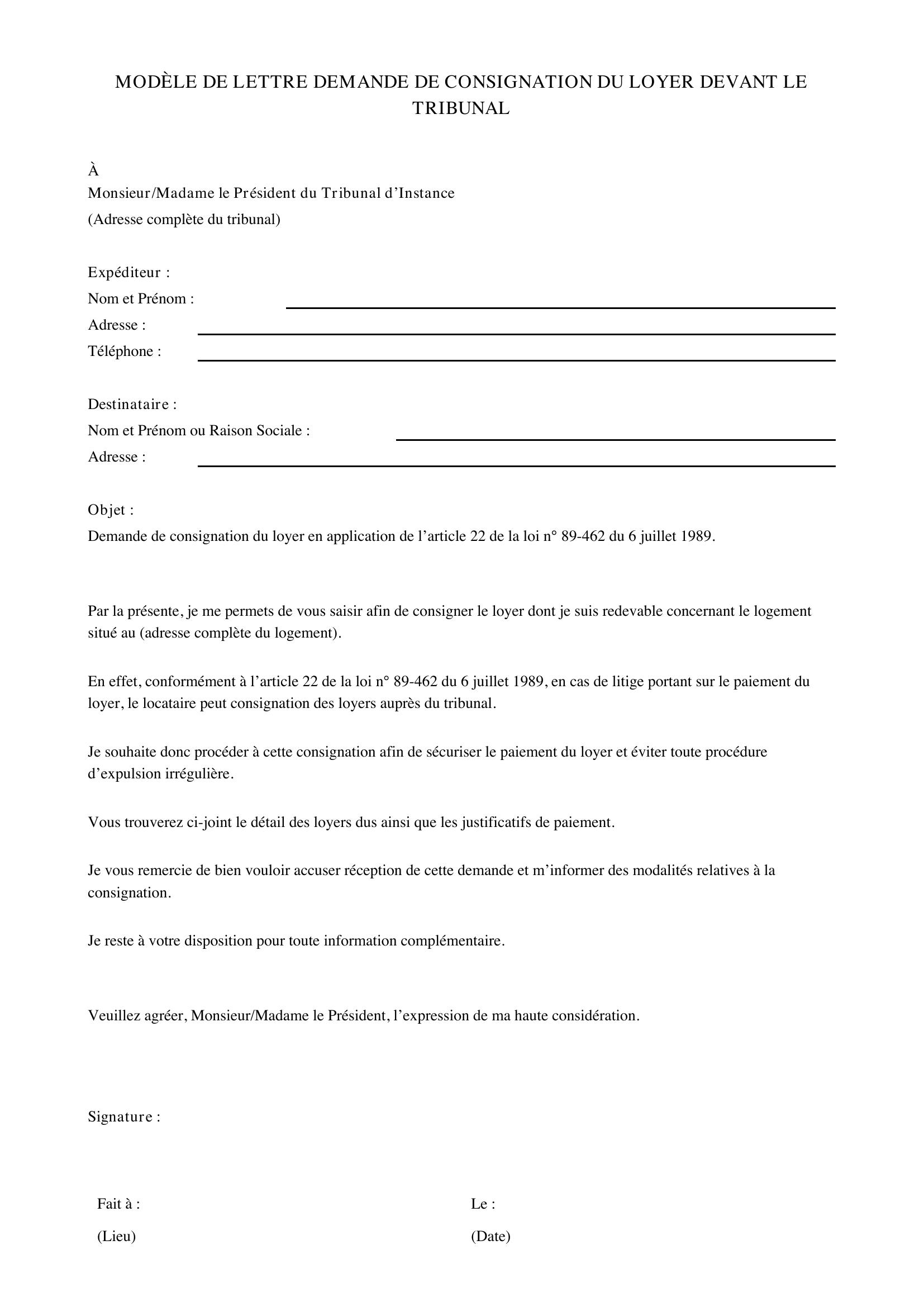 Modèle De Lettre Demande De Consignation Du Loyer Devant Le Tribunal