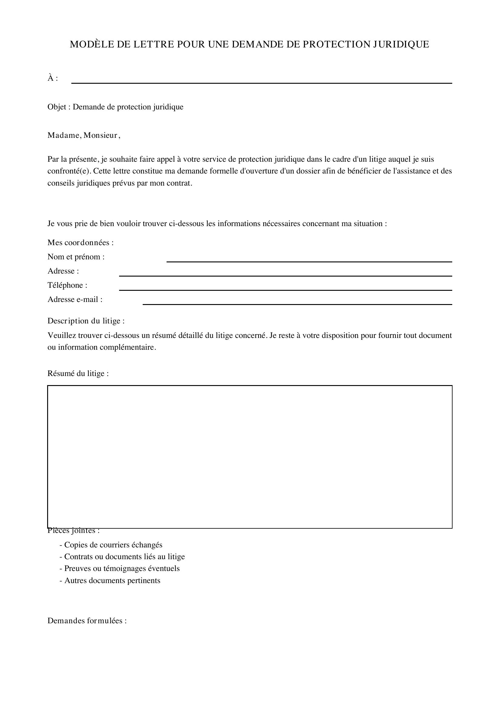 Modèle De Lettre Pour Une Demande De Protection Juridique