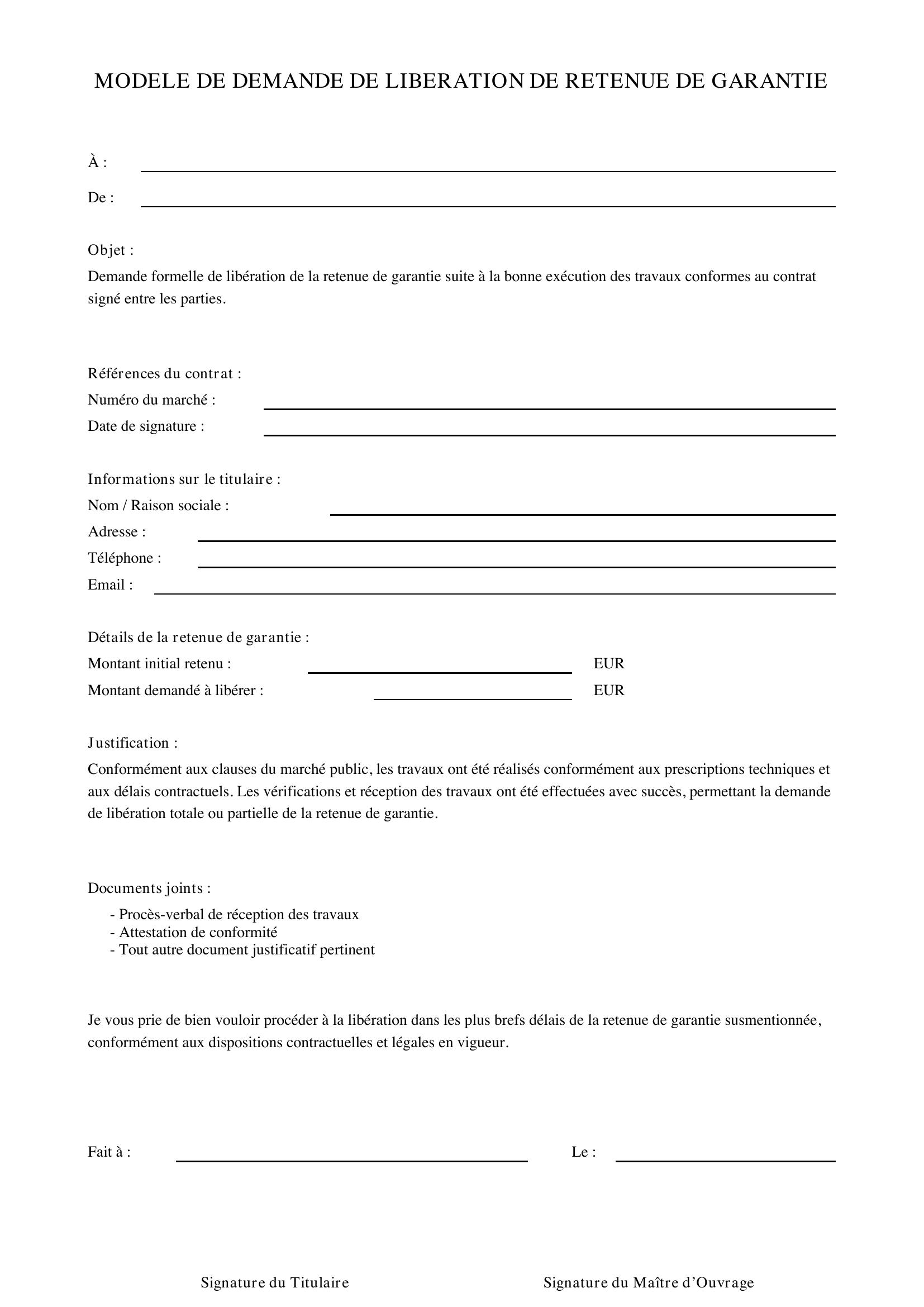 Modèle Demande De Libération De Retenue De Garantie