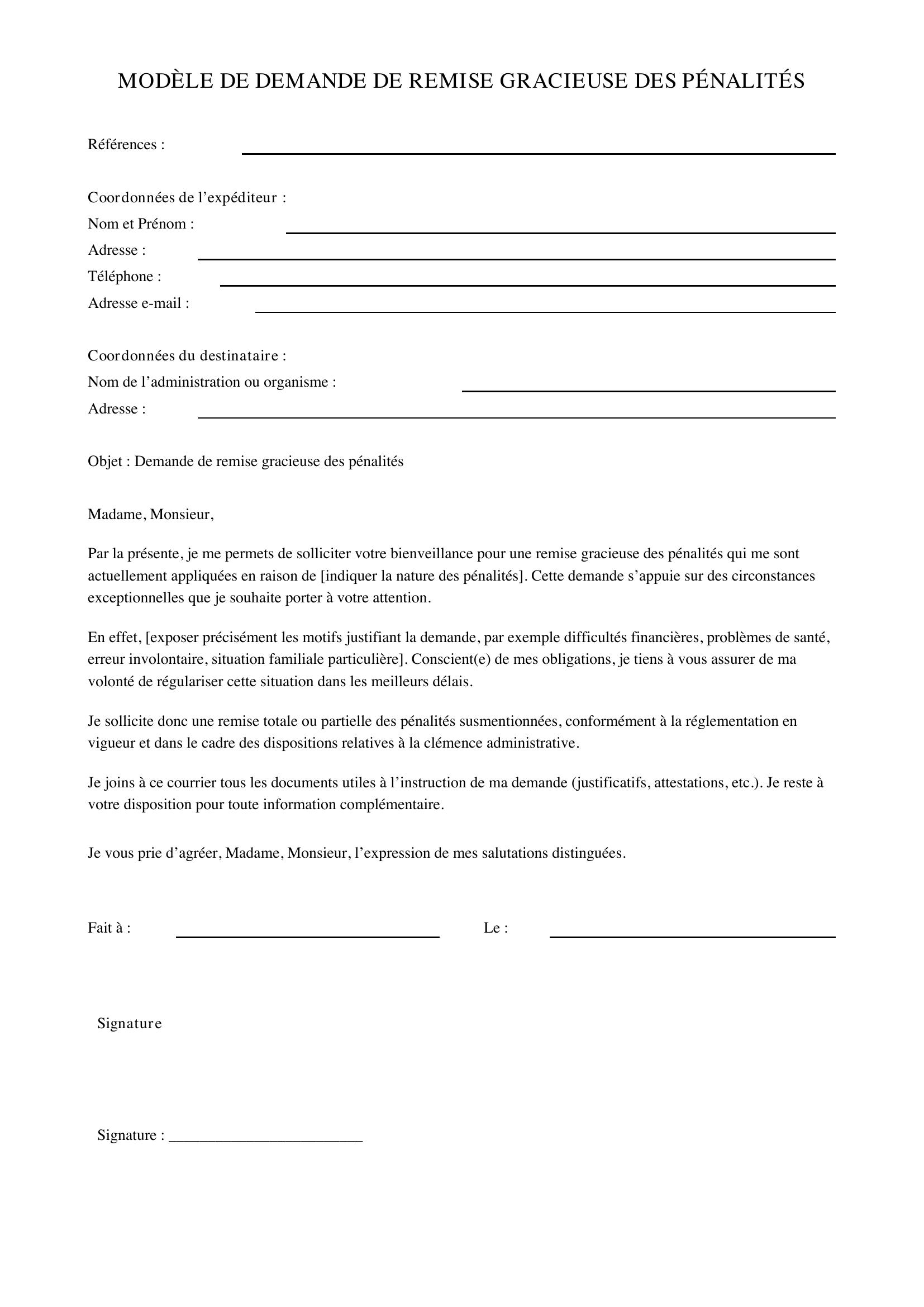 Modèle Demande De Remise Gracieuse Des Pénalités