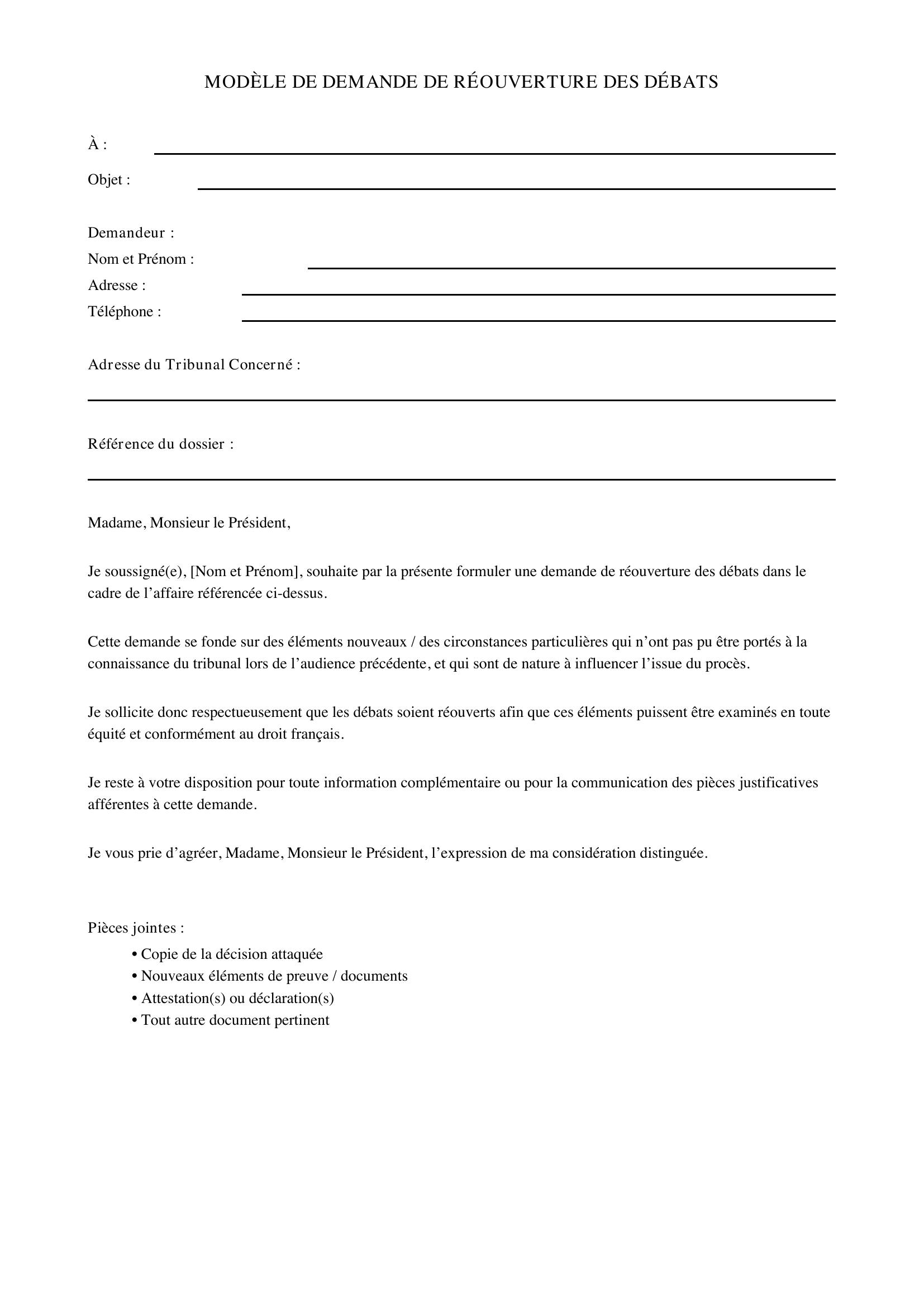 Modèle Demande De Réouverture Des Débats