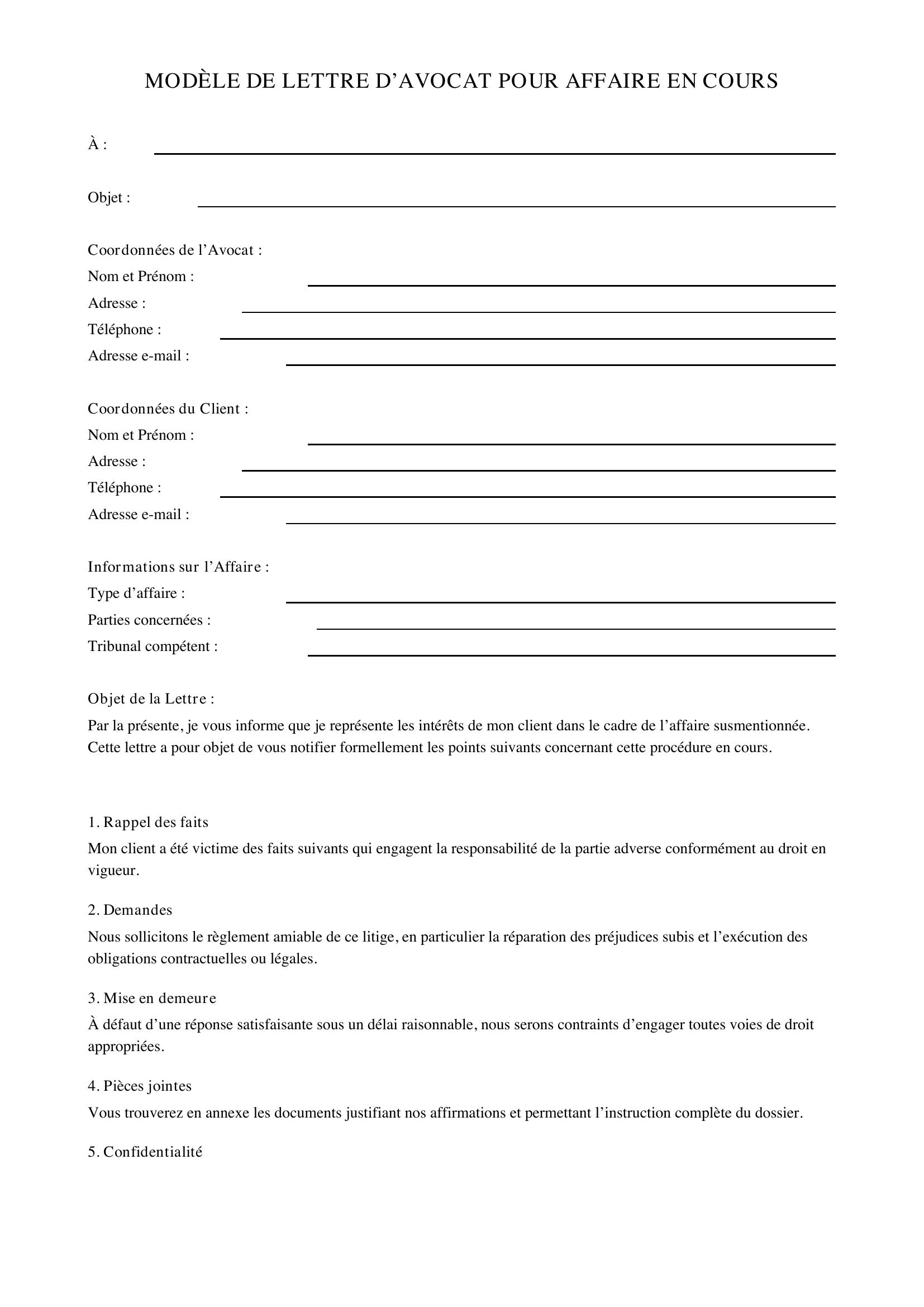 Modèle Lettre Avocat Pour Affaire En Cours