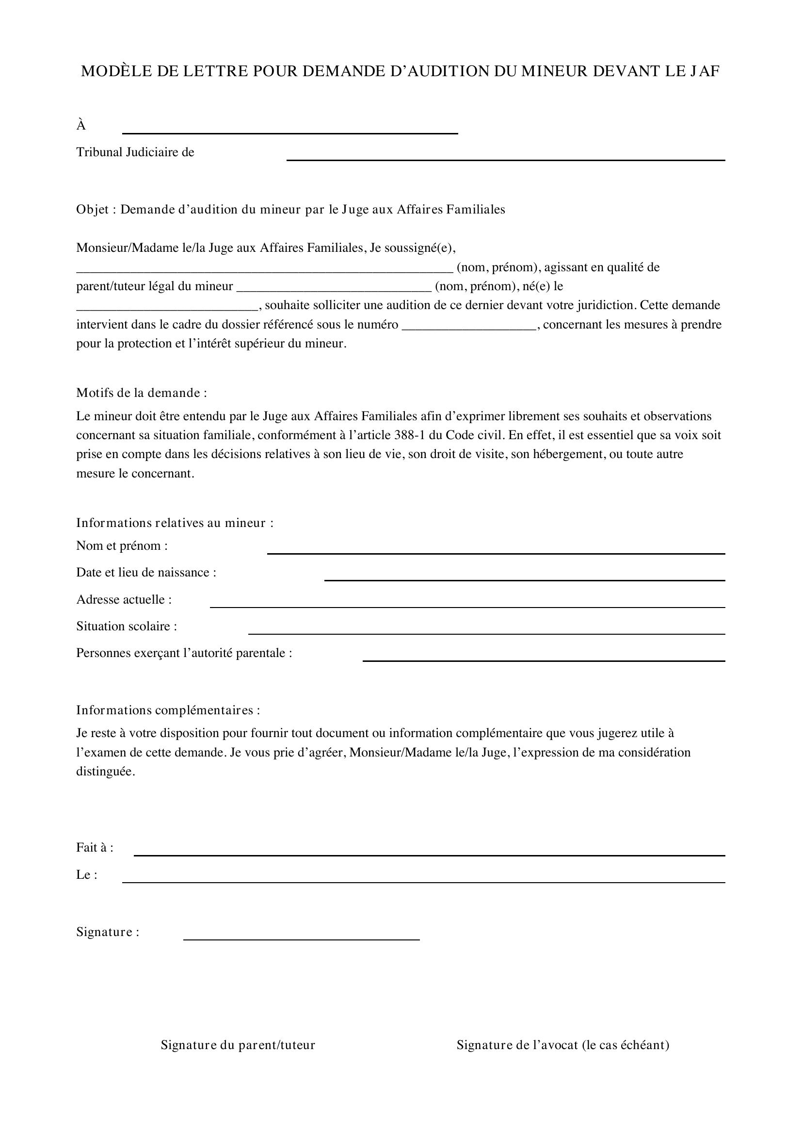 Modèle Lettre Demande Audition Mineur Jaf