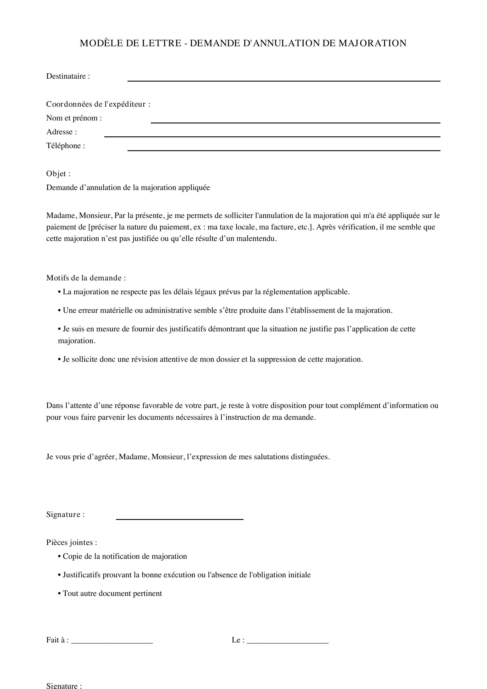 Modèle Lettre Demande D'Annulation De Majoration