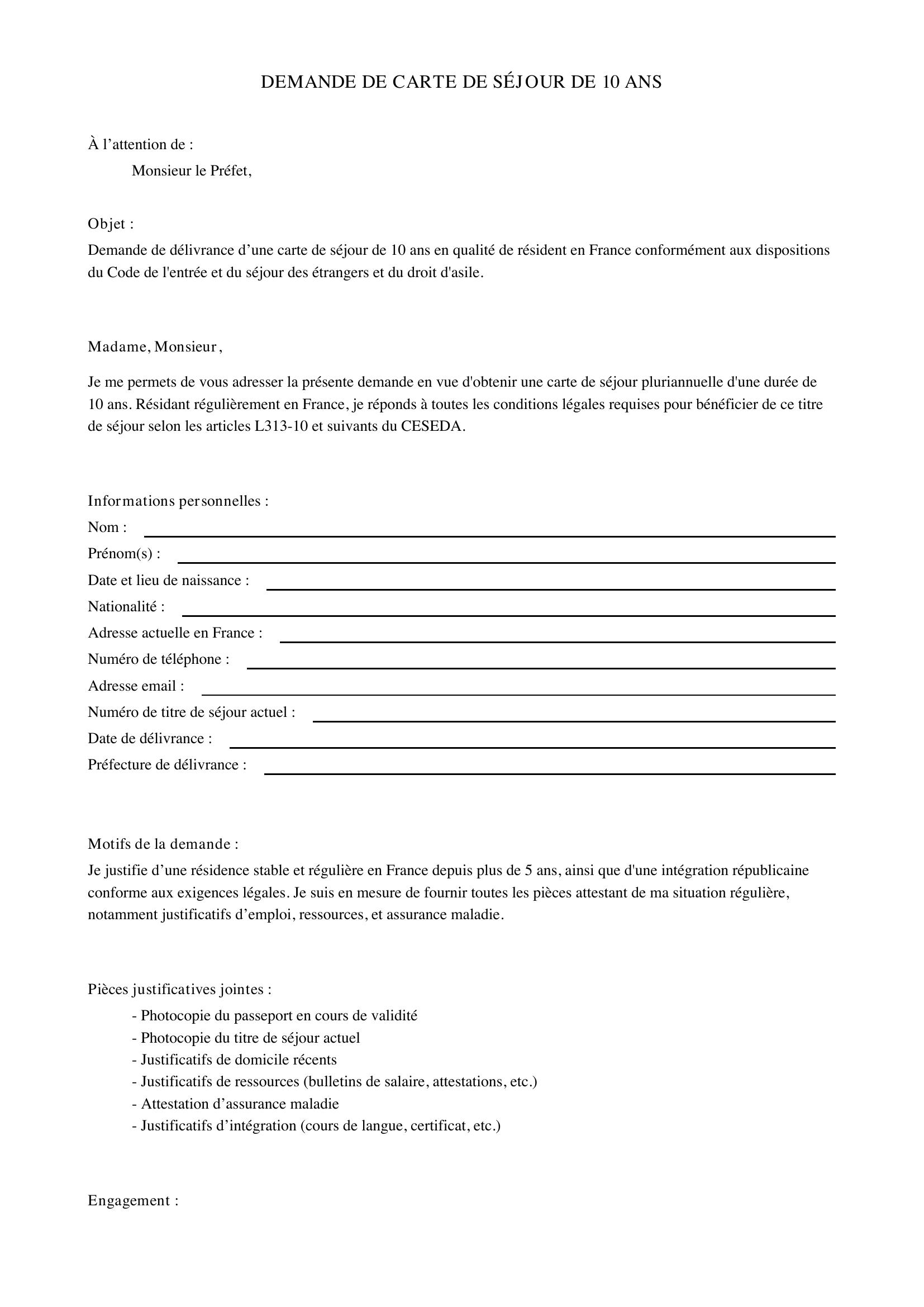 Modèle Lettre Demande De Carte De Séjour De 10 Ans