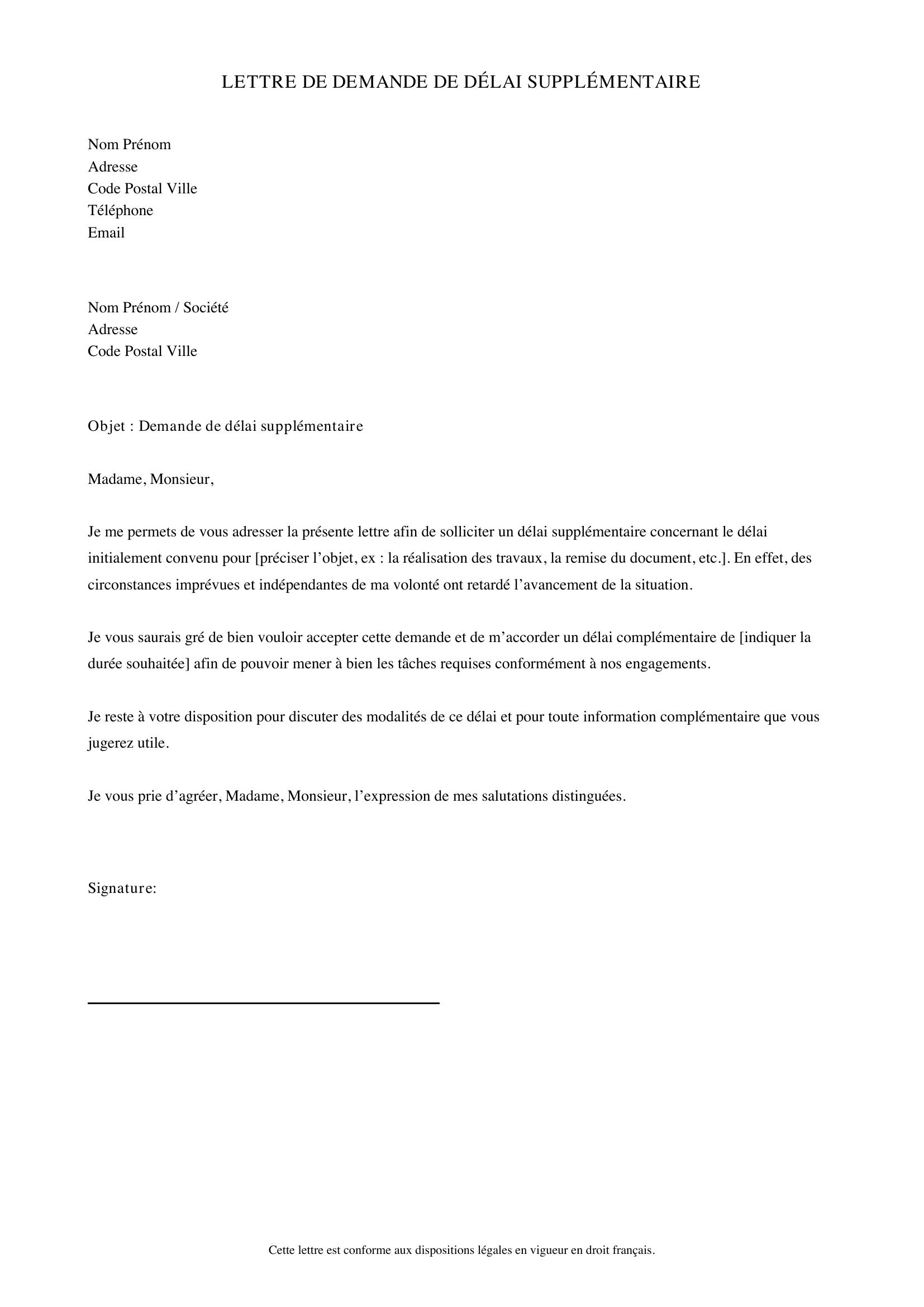 Modèle Lettre Demande De Délai Supplémentaire