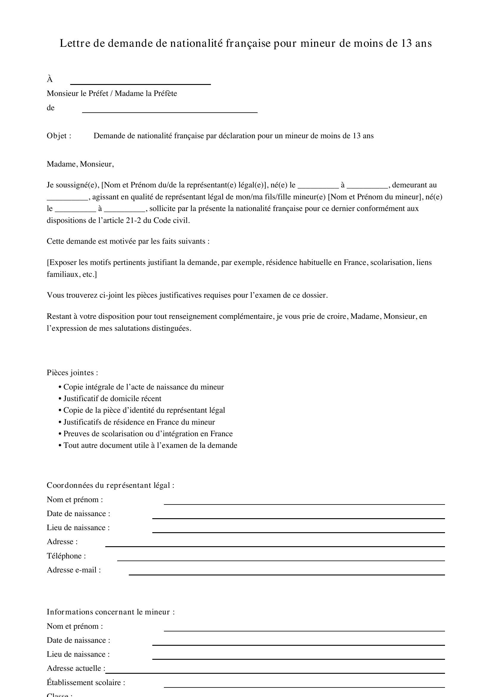 Modèle Lettre Demande De Nationalité Française Pour Mineur De 13 Ans